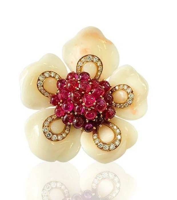 Bulgari Ruby and Coral Flower Brooch