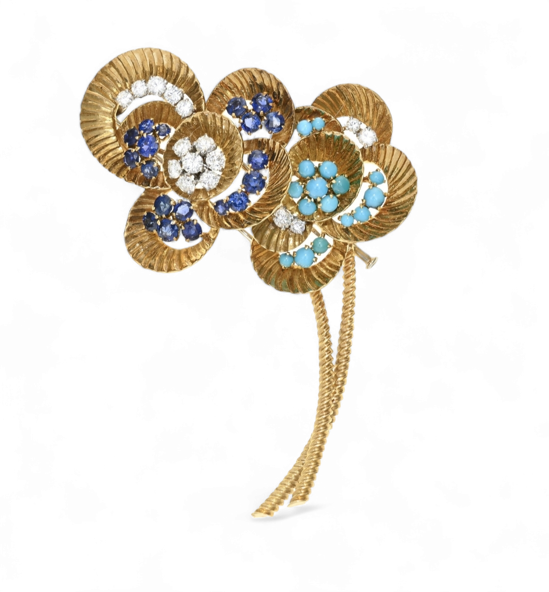 GUBELIN MID CENTURY GOLD, TURQUOISE DIAMOND SAPPHIRE BROOCH