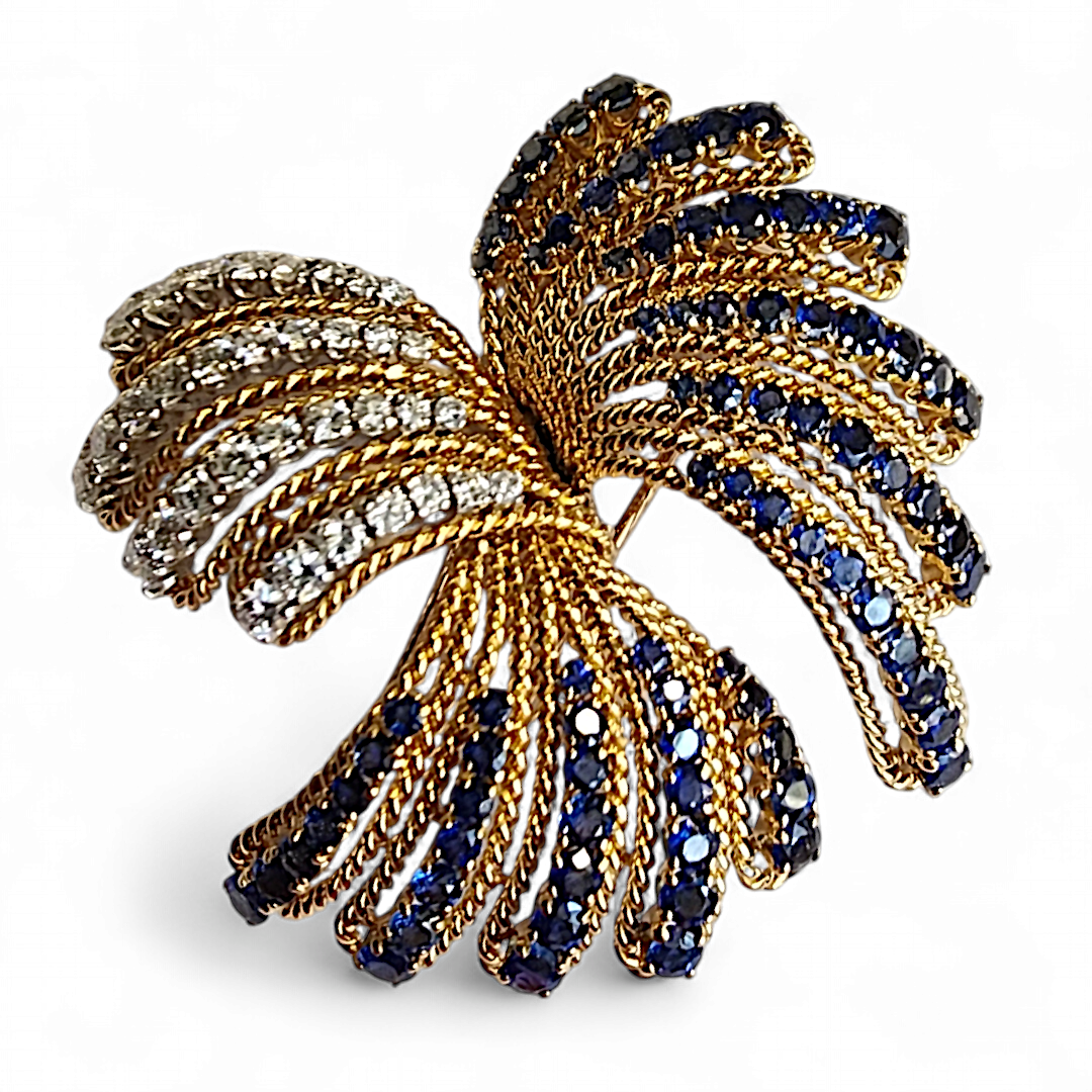VAN CLEEF & ARPELS 1960'S GOLD, DIAMOND AND SAPPHIRE SPRAY BROOCH