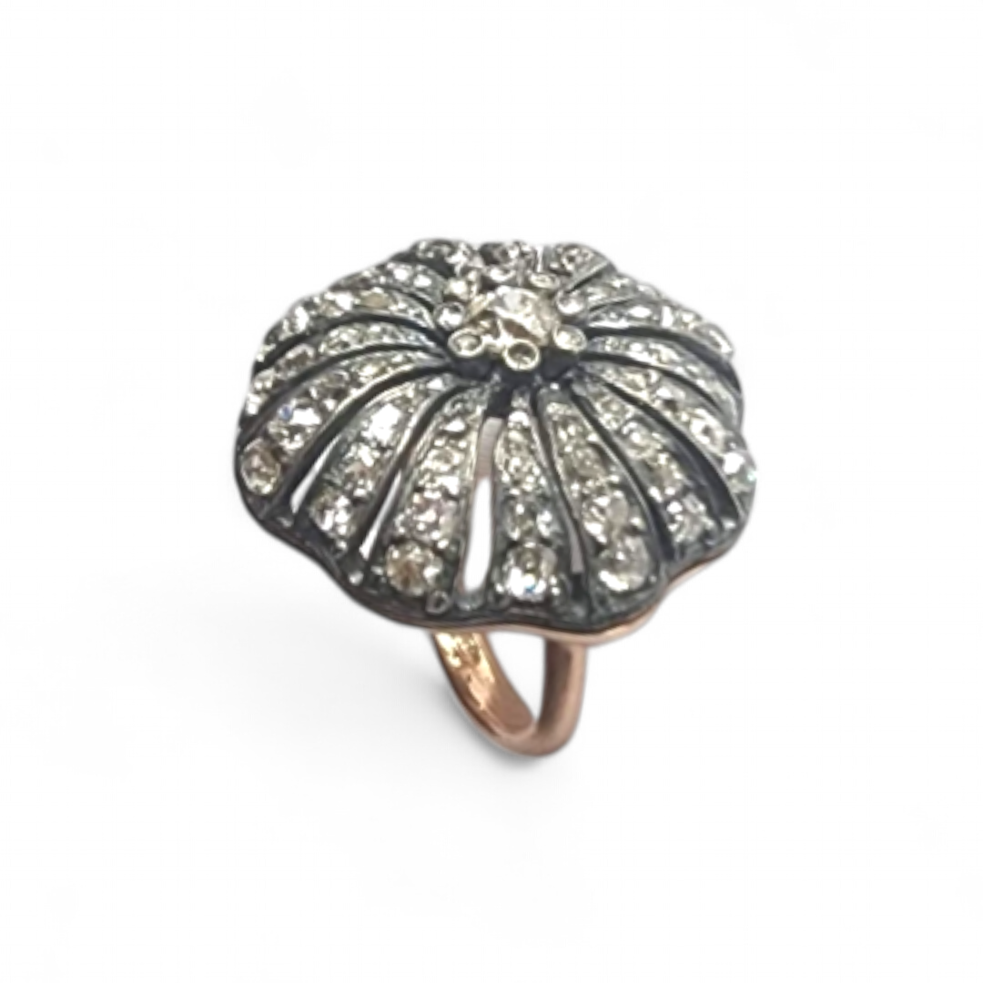 ANTIQUE DIAMOND SILVER AND GOLD CIRCULAR DOMED RING