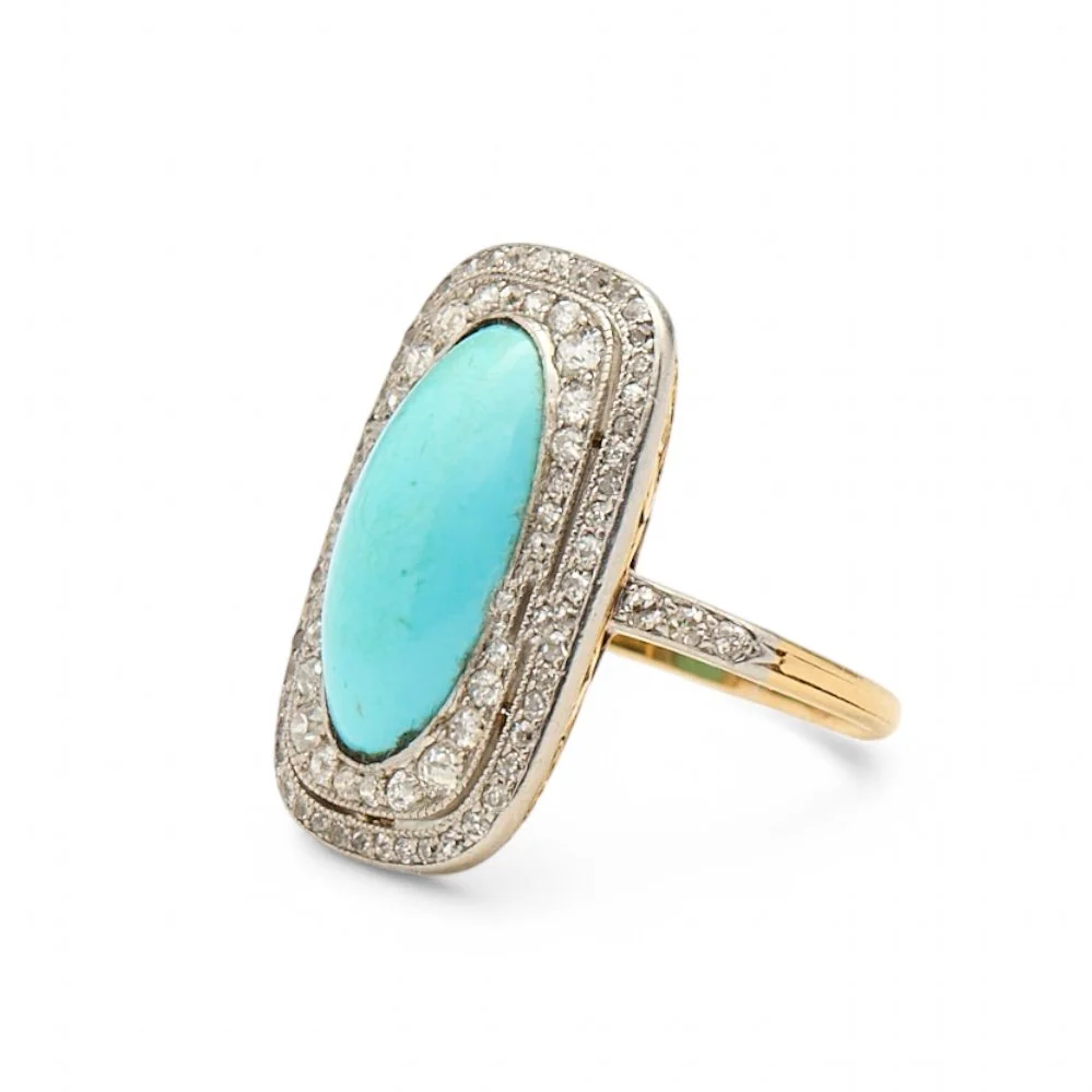 ANTIQUE BELLE EPOQUE TURQUOISE, DIAMOND, PLATINUM AND GOLD RING. (Copy)