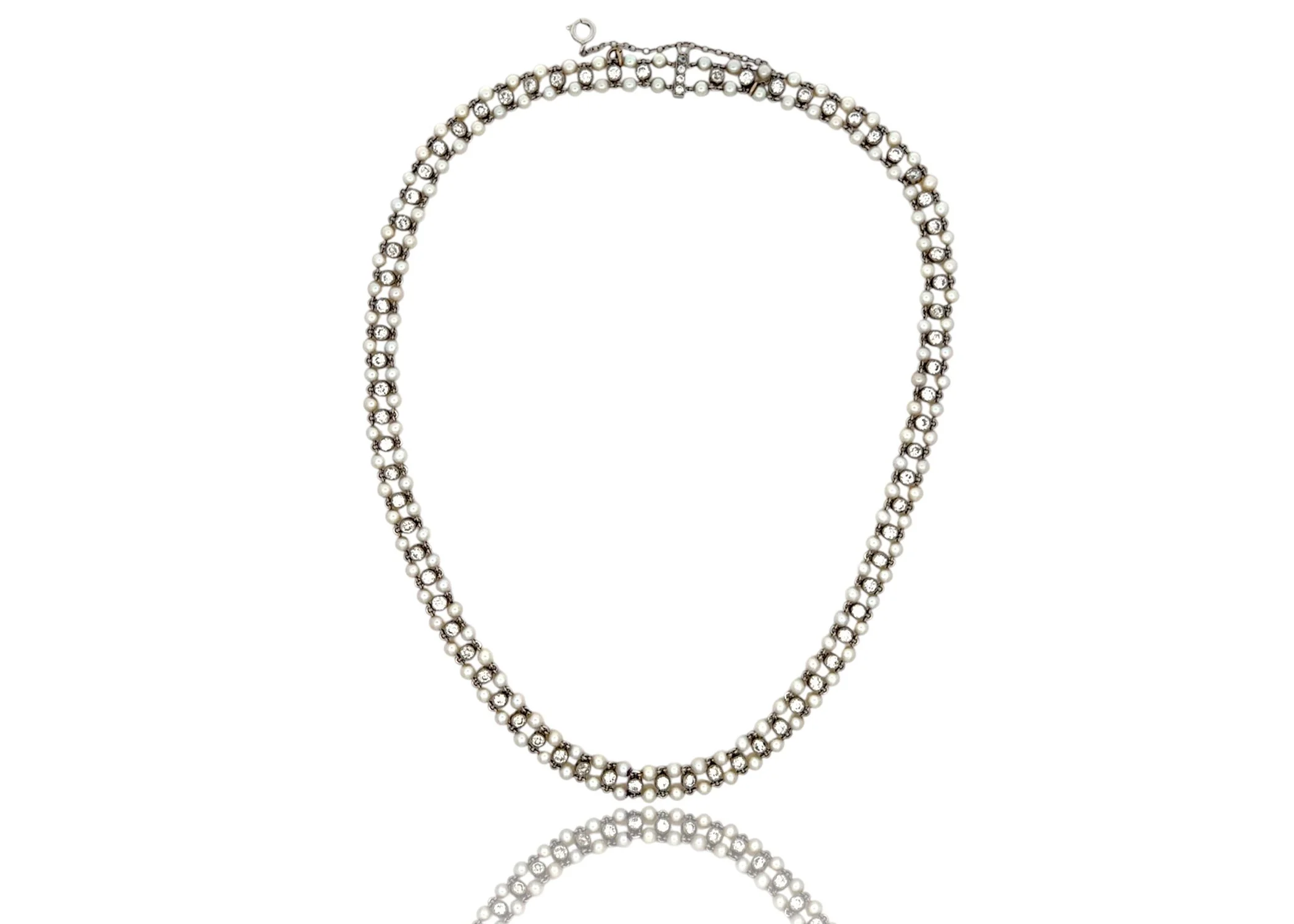 ANTIQUE BELLE EPOQUE PLATINUM, NATURAL PEARL AND DIAMOND NECKLACE.  (Copy)