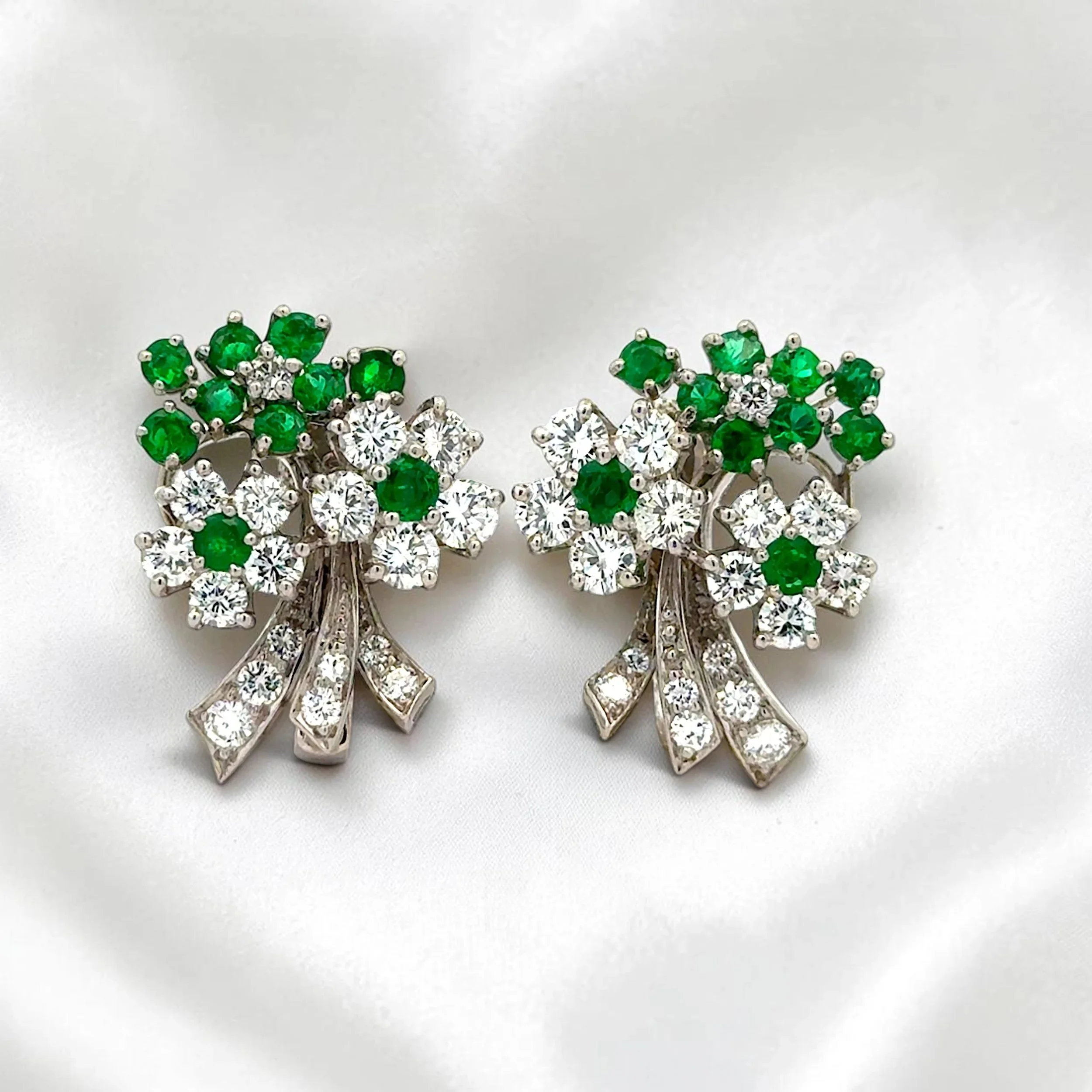 Vintage Cartier Emerald Diamond Platinum Flower Earrings, Oscar Heyman Bros for Cartier, 1966