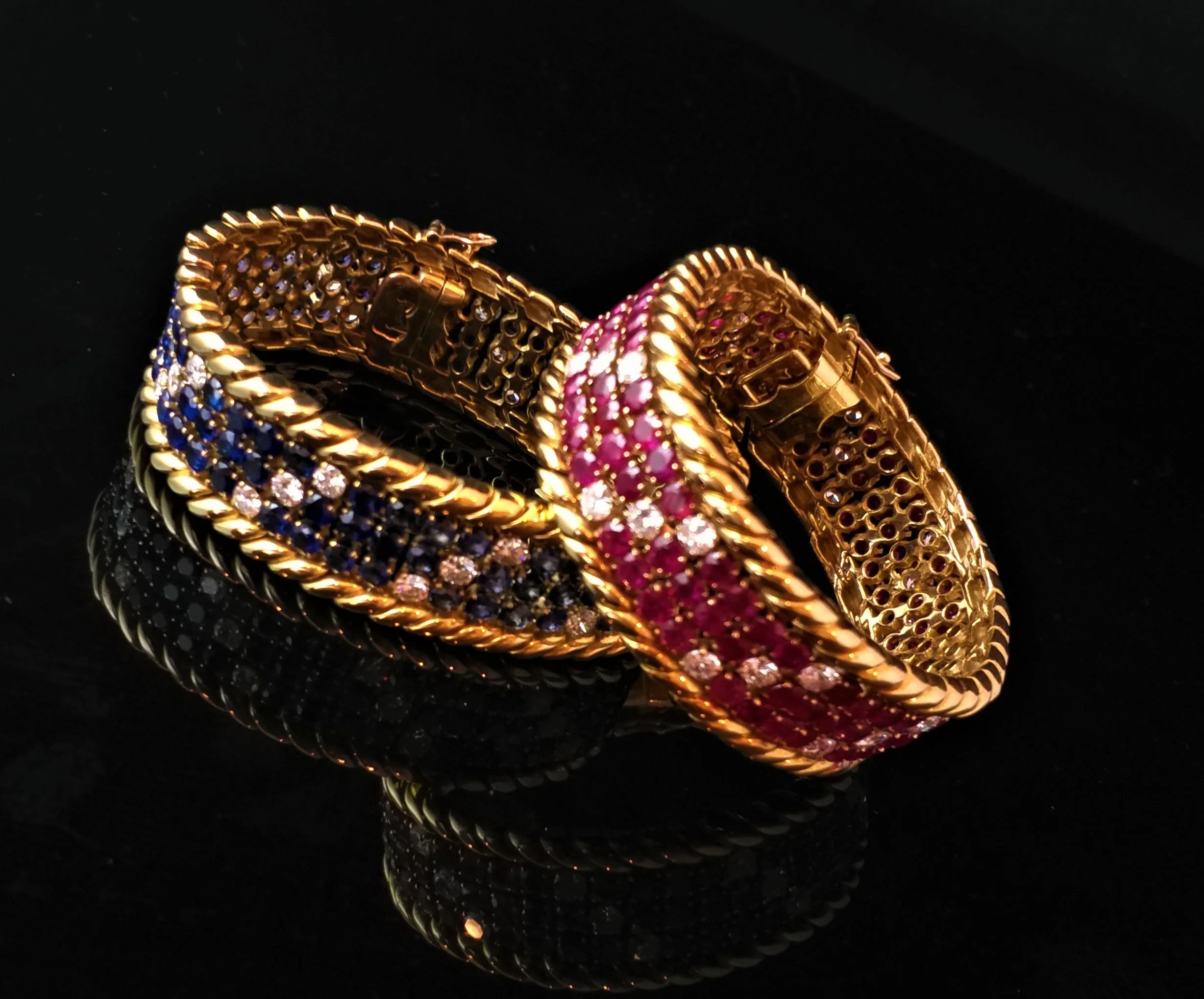 Mid century ruby and diamond, sapphire and diamond bracelets by Verger 