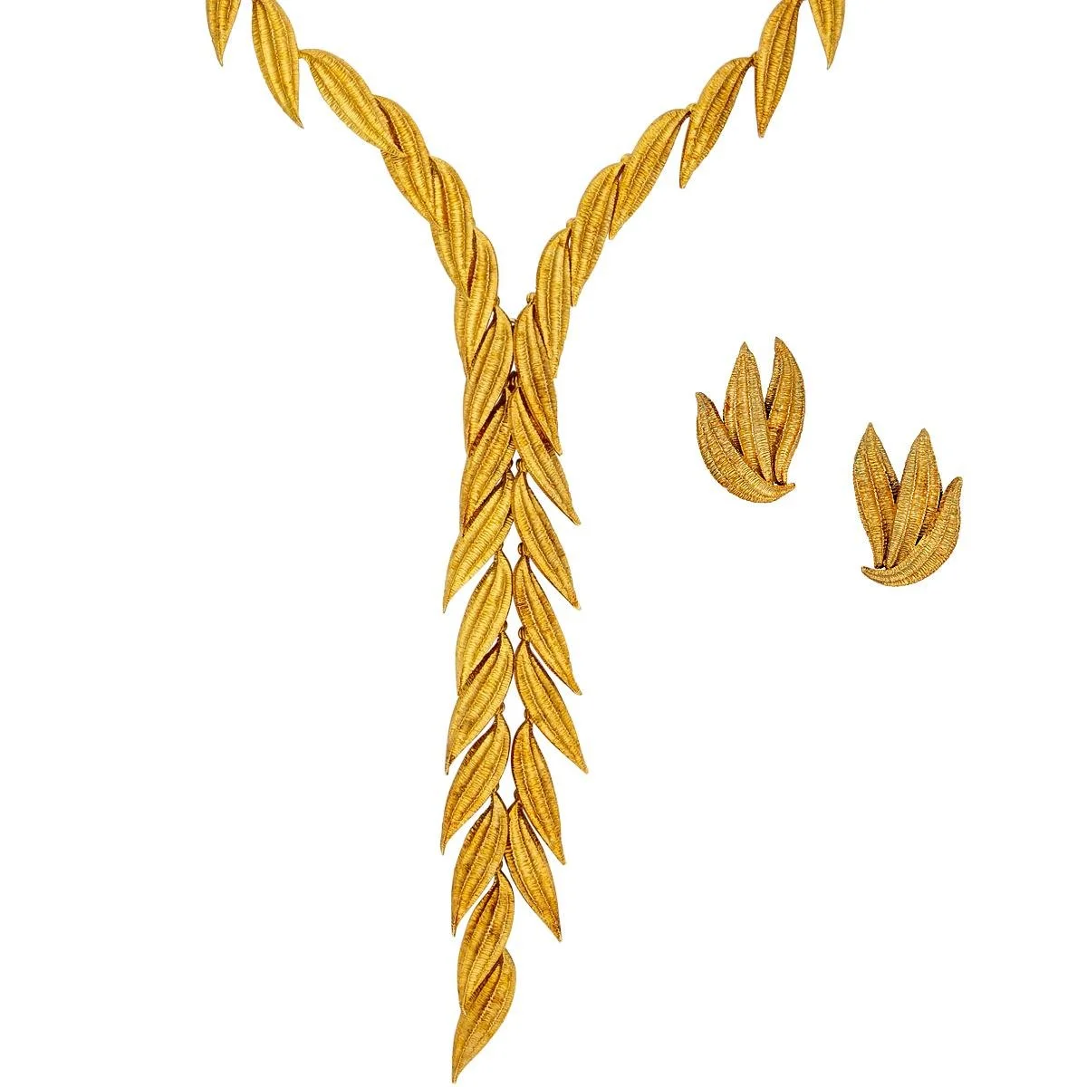 GOLD NECKLACE AND EARRINGS, 18ct gold demi-parure, George Triozennis. Comprising: an articulated necklace designed as a line of stylised olive leaves which clasps to the front, gross weight approximately 153 grams, total length approximately 860mm, s