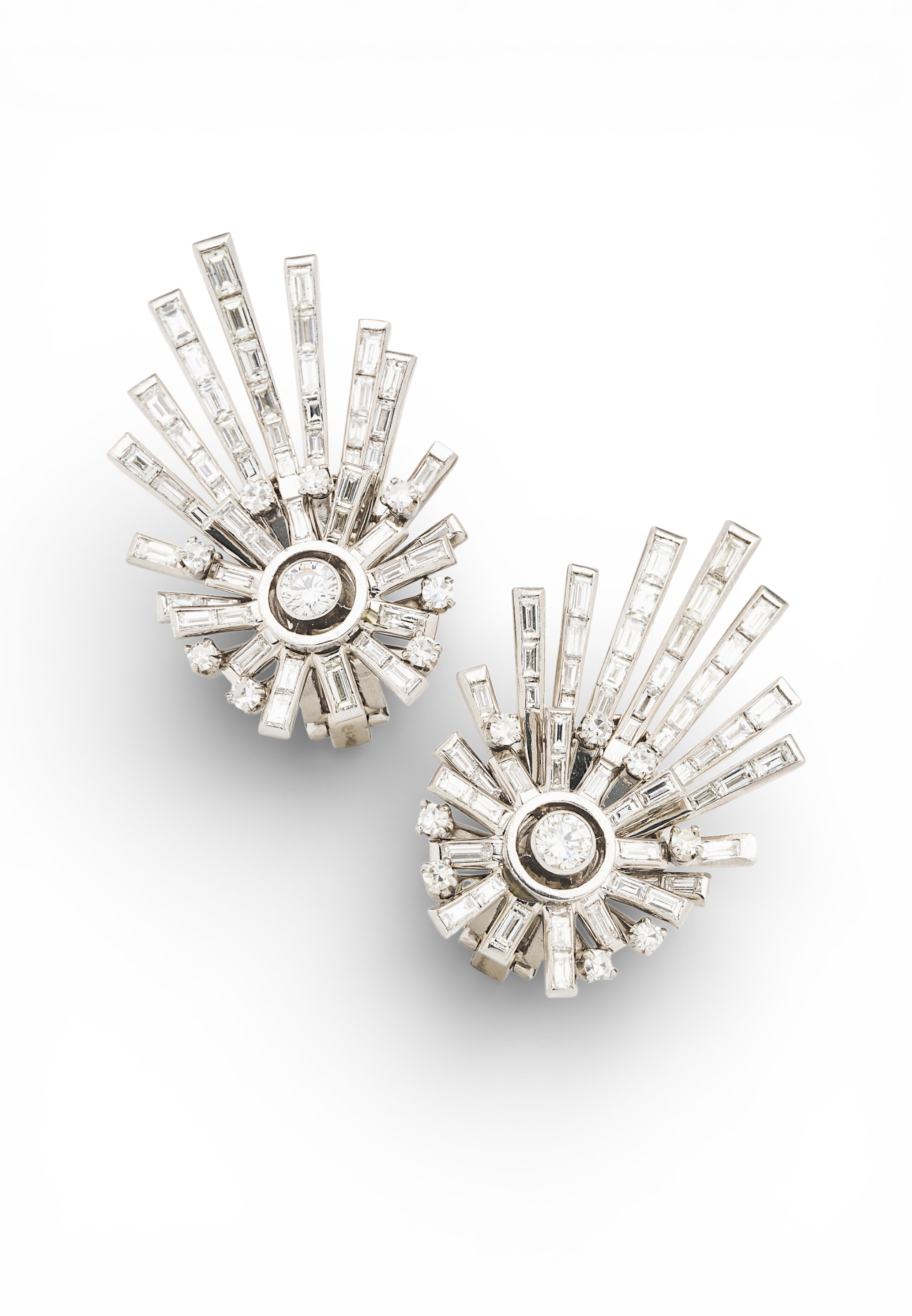 Mid-century platinum, gold, diamond spray earrings