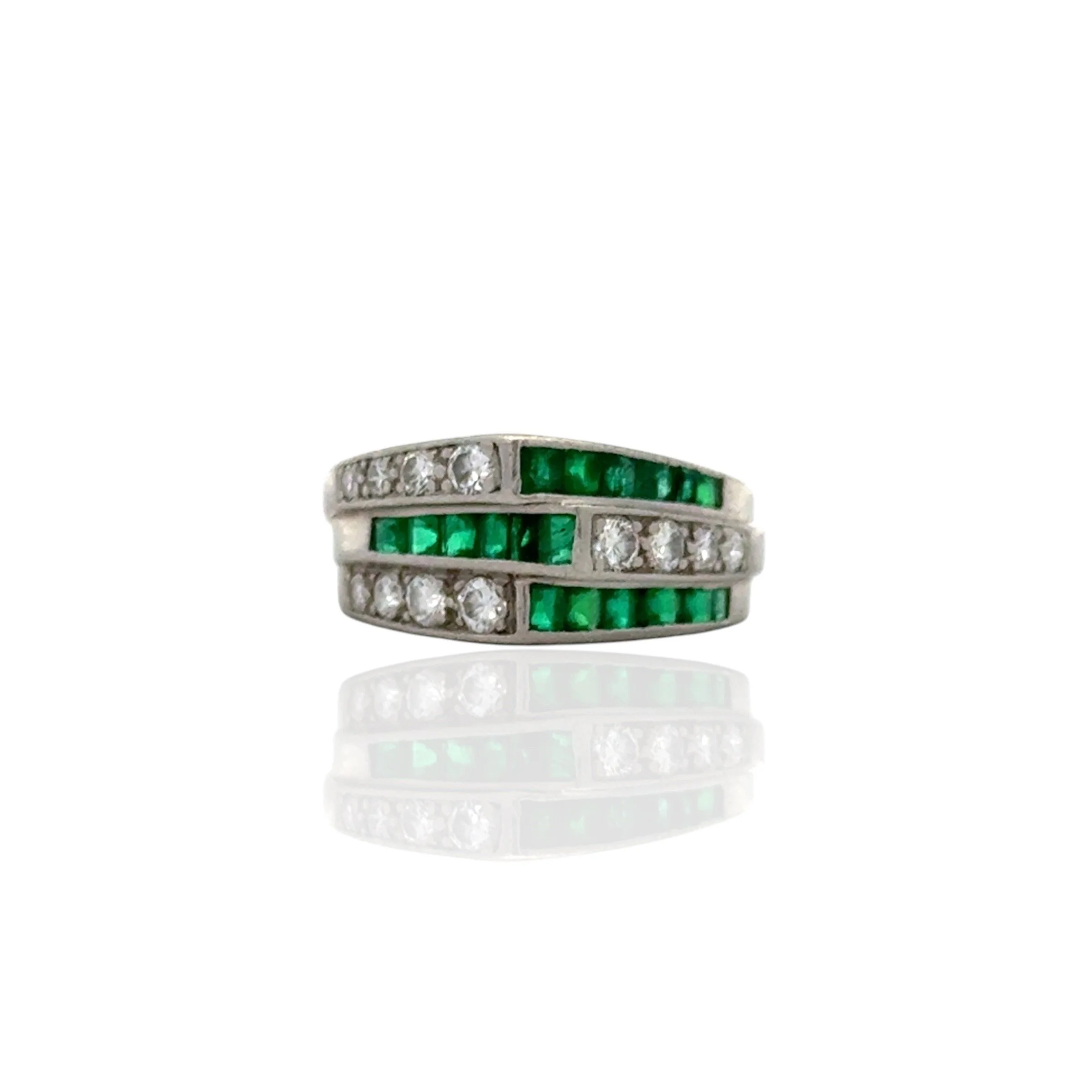 Mid-Century Emerald and Diamond Platinum Ring