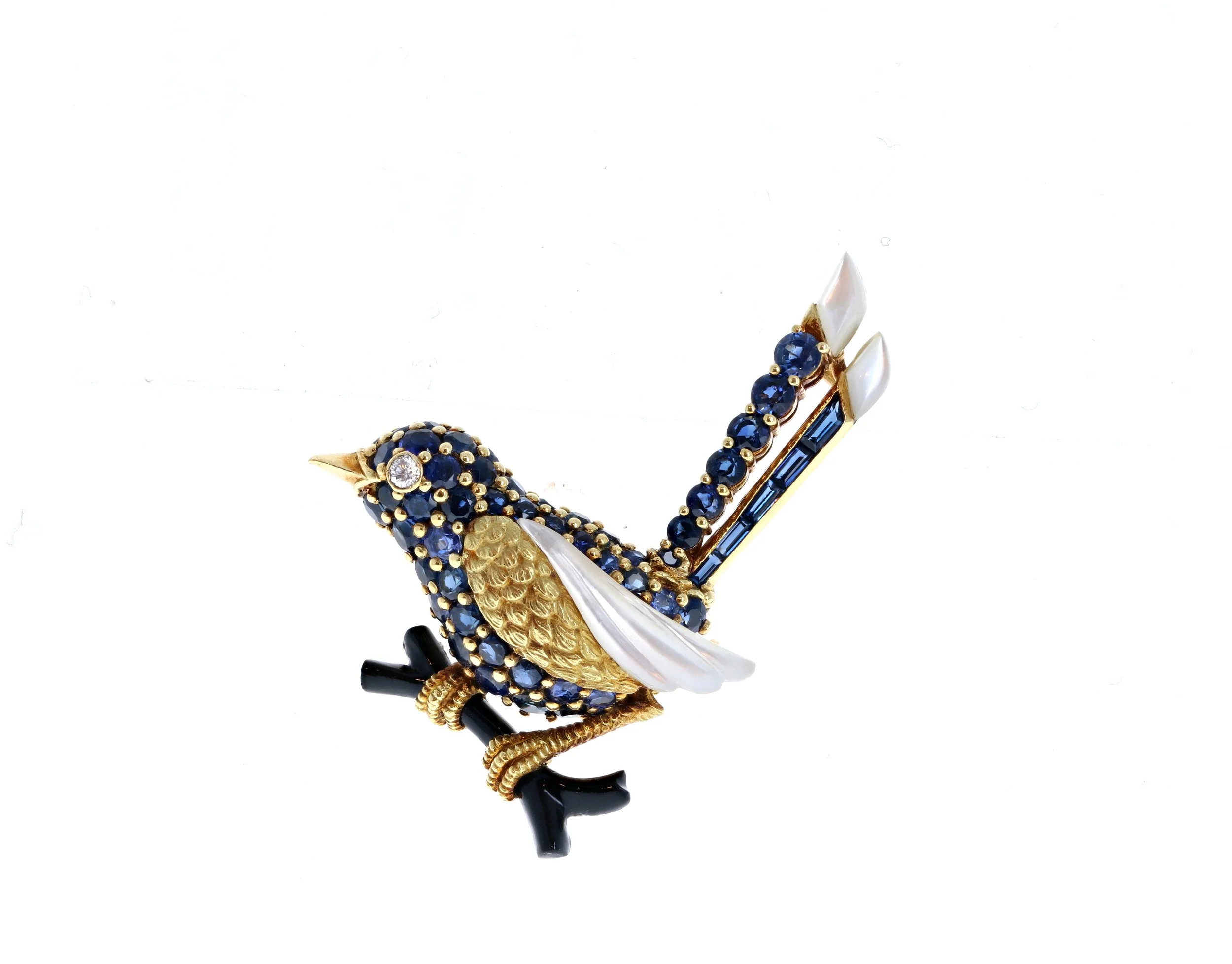Piaget 1980's sapphire, onyx, gem set gold bird-on-a-branch brooch 