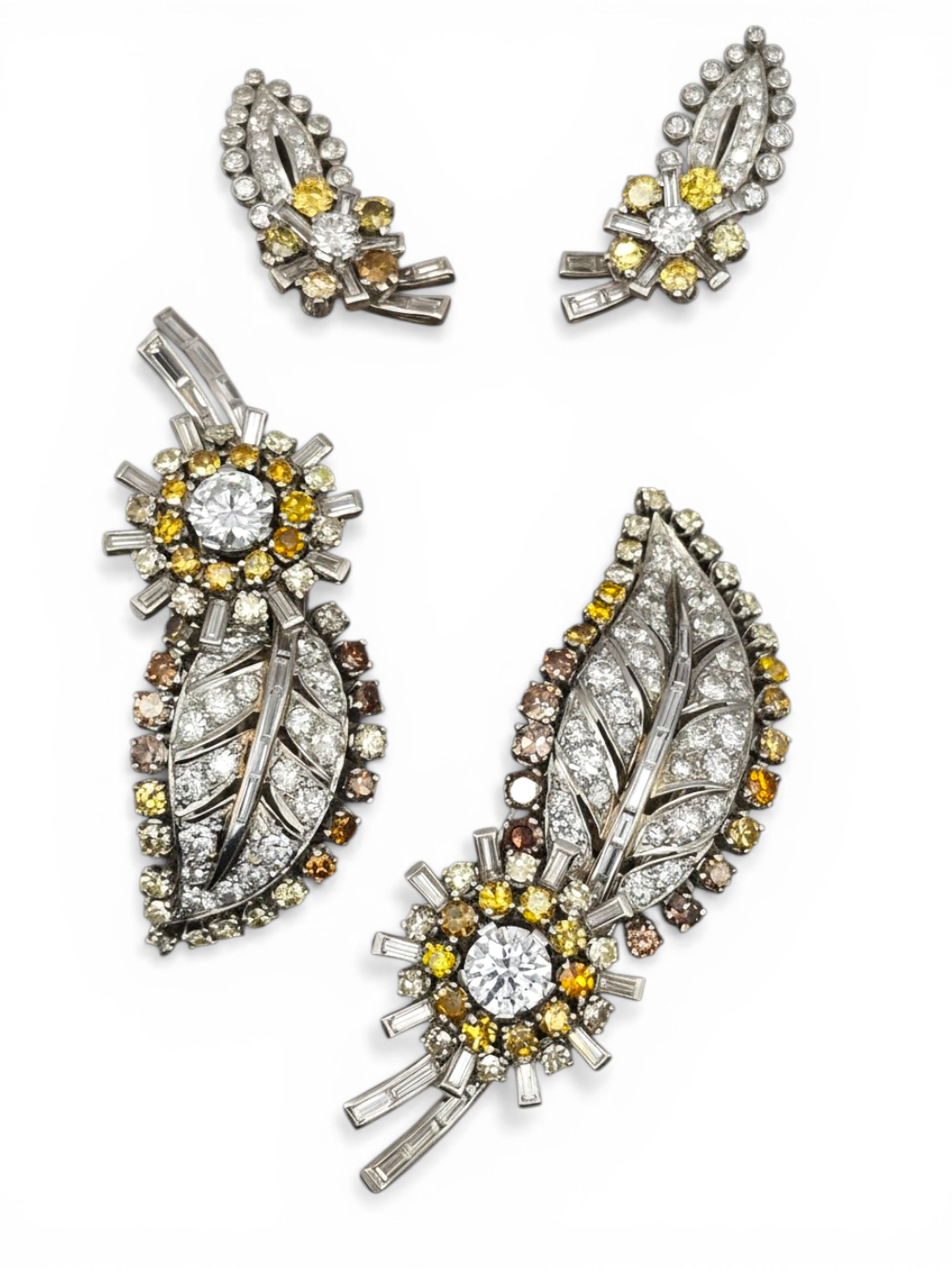 Mid-Century Diamond Double Clips & Earrings Set by Garrard