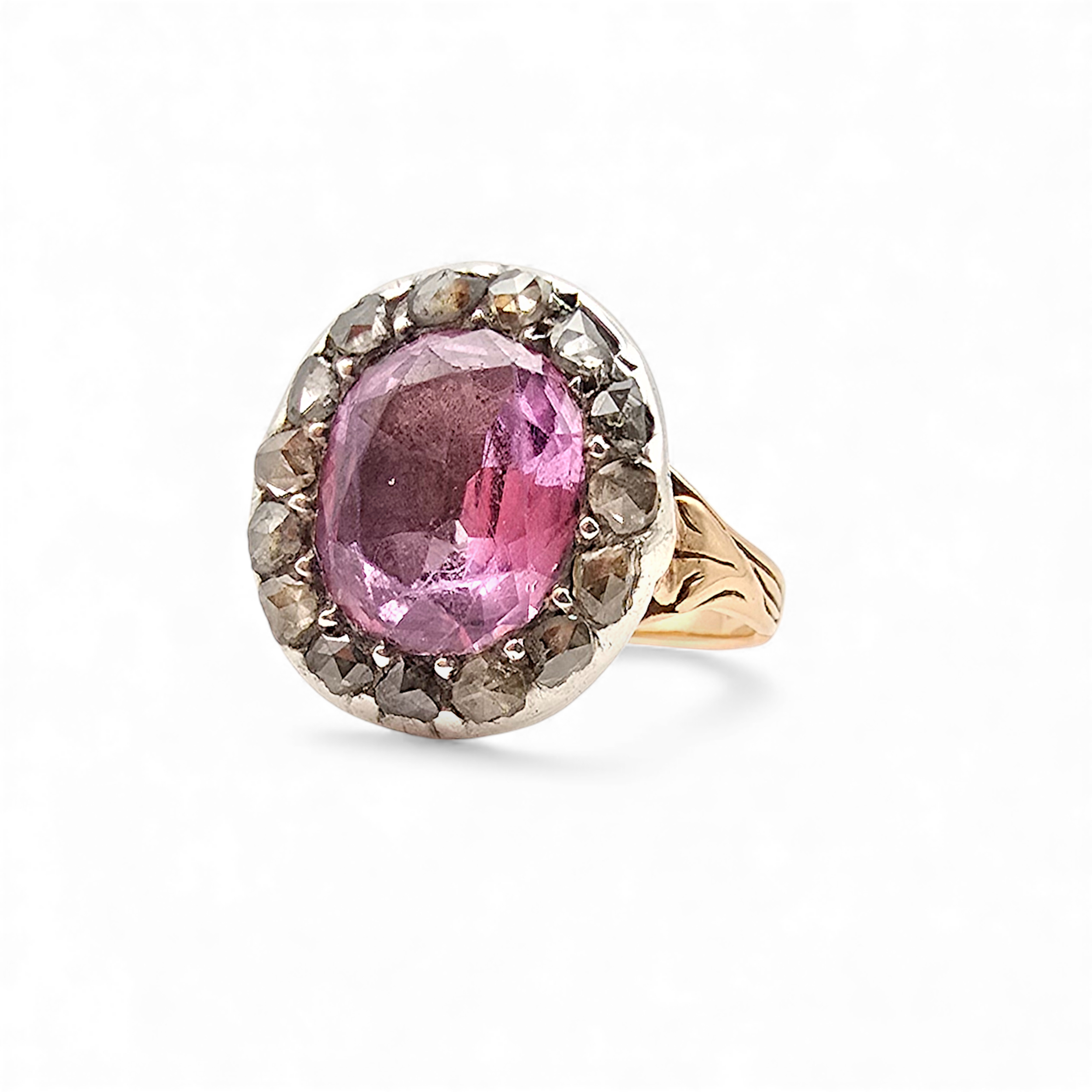 19th Century Pink Topaz and Diamond Ring in Gold and Silver
