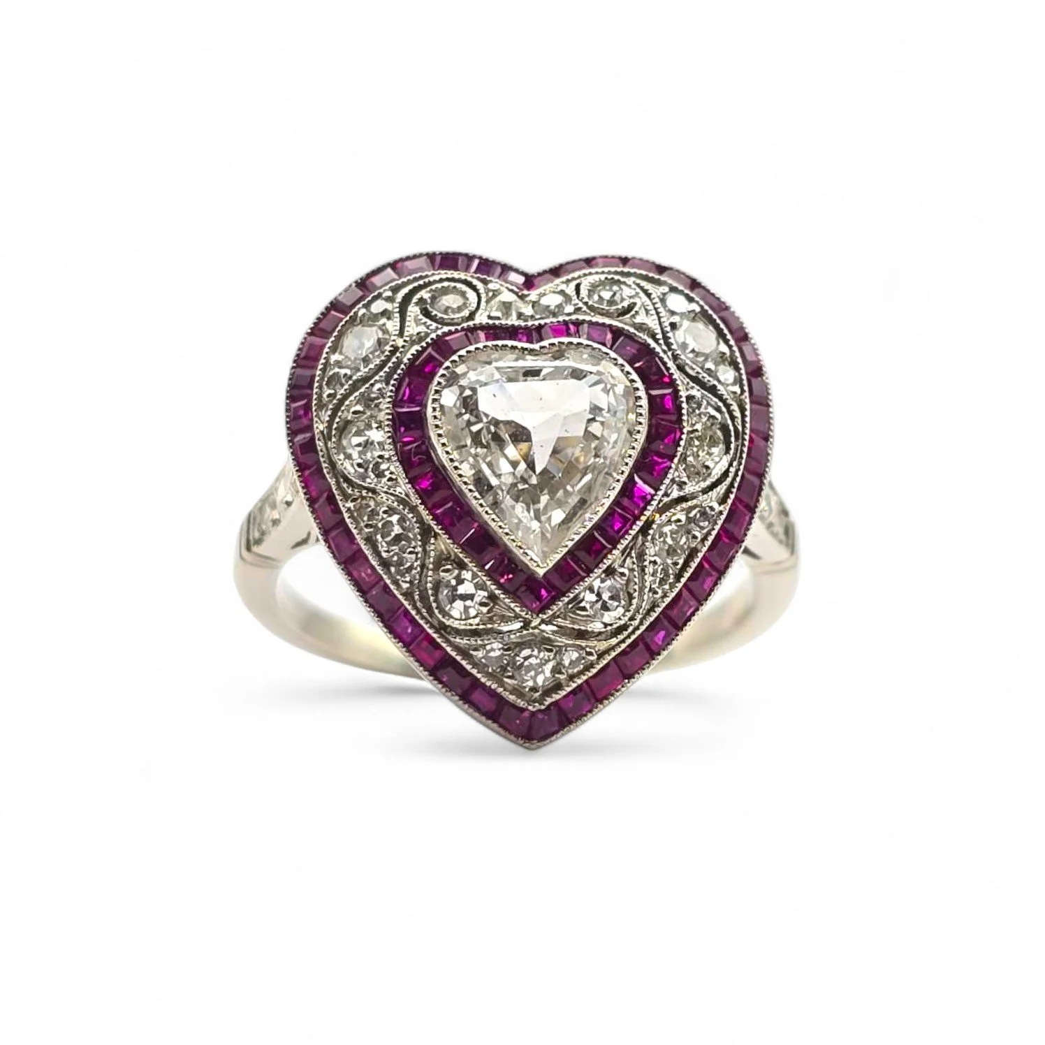 Heart Shape Diamond and Calibrated Ruby Handmade Ring in Platinum and 18k Gold