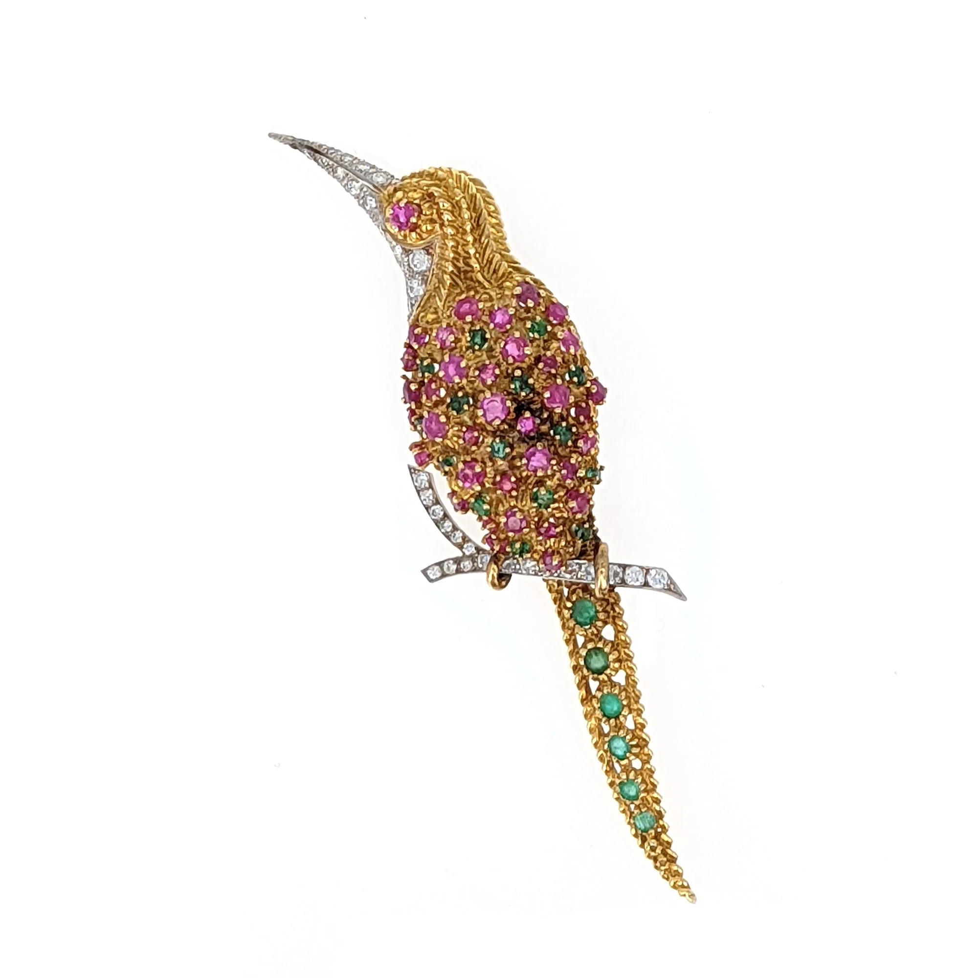 18K GEM SET "BIRD OF PARADISE" BROOCH
designed as a bird on a branch, set with round-cut emeralds, rubies and diamonds, mounted in 18 karat yellow gold, length approximately 10 cm