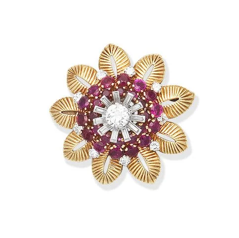 Retro diamond and ruby Flower brooch 