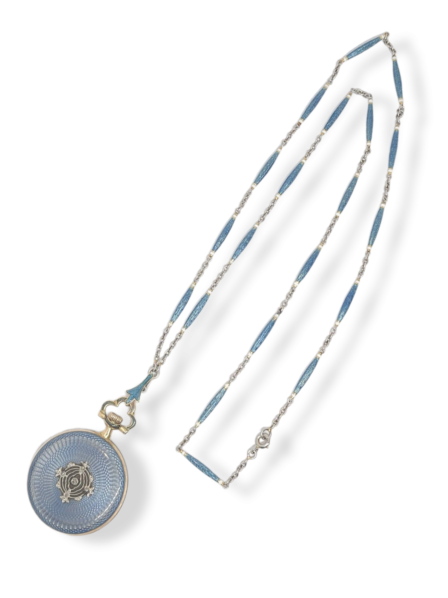 DREICER, BELLE EPOQUE Early 1900'S GOLD, PLATINUM, ENAMEL & DIAMOND PENDANT WATCH AND CHAIN NECKLACE Gold, Platinum, Blue Guilloché Enamel and Diamond Pendant-Watch Necklace  , mechanical, circular silver-tone engine-turned dial, black Arabic numeral