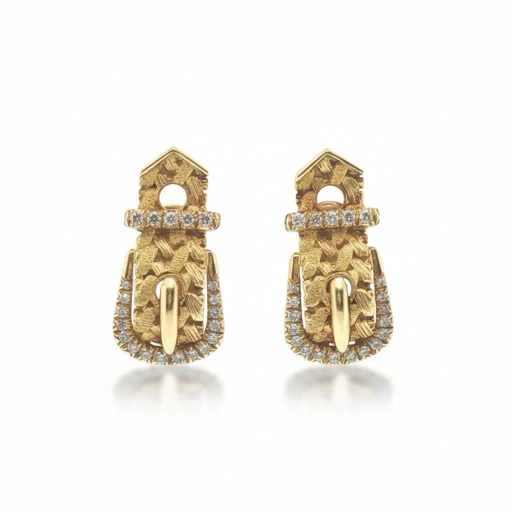 Hermes 1980's Gold & Diamond "Buckle" Earrings
