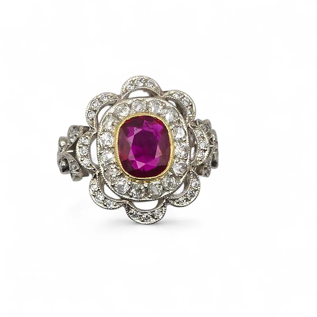 Handmade Ruby and Diamond Platinum and Gold Ring 
