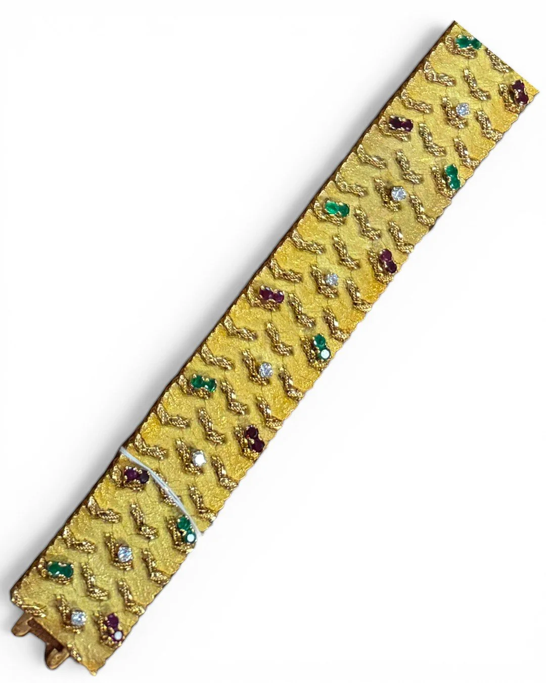 1960s French 18k Gold Diamond, Ruby & Emerald Ribbon Bracelet by Roger Lebenstein