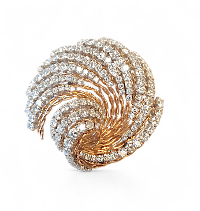 MID CENTURY VAN CLEEF & ARPELS GOLD, PLATINUM AND DIAMOND SWRIL BROOCH Diamonds 11.5 cts, French, signed and numbered