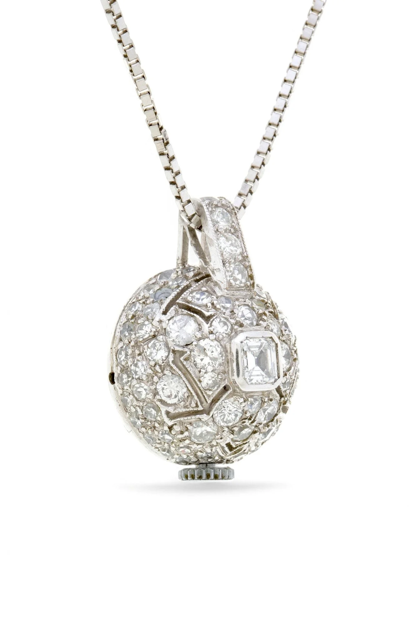 ART DECO PLATINUM AND DIAMOND PENDANT WATCH AND GOLD CHAIN A 1920's platinum Art Deco pendant watch in the shape of a half sphere entirely paved with diamonds of different sizes, on a long modern 750 white gold Venetian mesh chain,