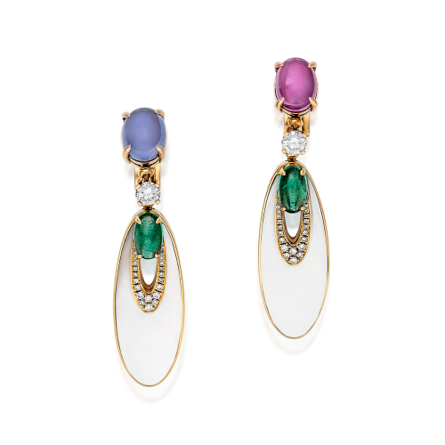 BULGARI 1990'S "Elisia" PINK & PURPLE SAPPHIRE, EMERALD DIAMOND MOP 18KT YG ERRGS Signed Bulgai, Made in Itay, with makers marks and also French marks. 2 cabocho sapphires approx 6 cts, 2 diammonds approx 0.65 cts, 2 cabochon emeralds circa 3 cts, pa