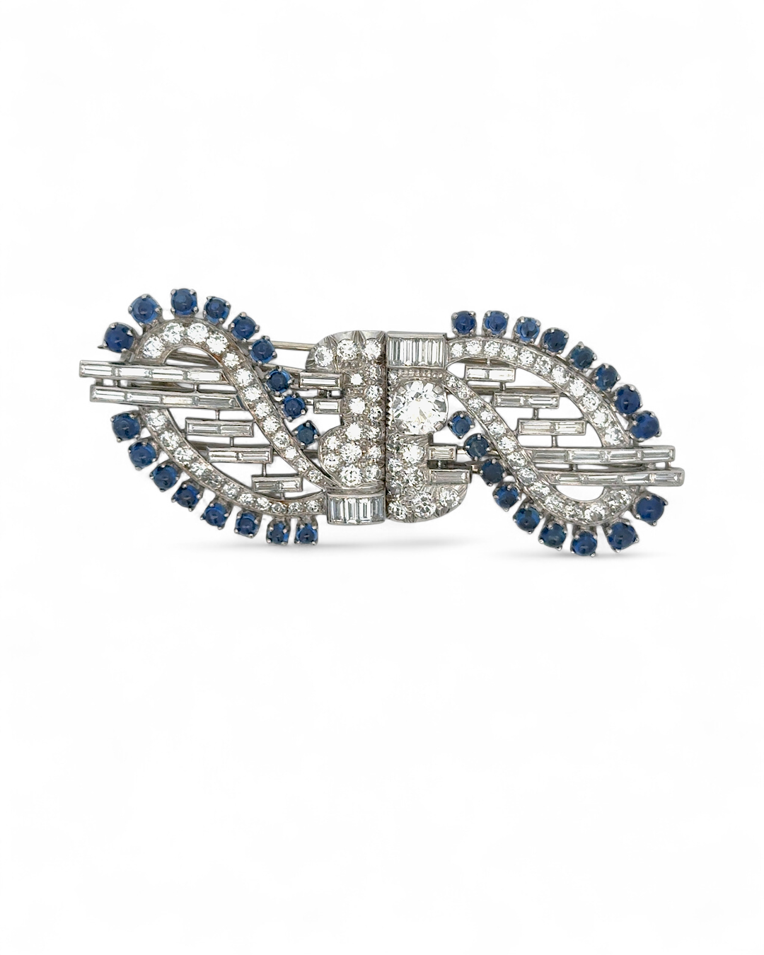 Art Deco Platinum Diamond & Sapphire Double Clip Brooch