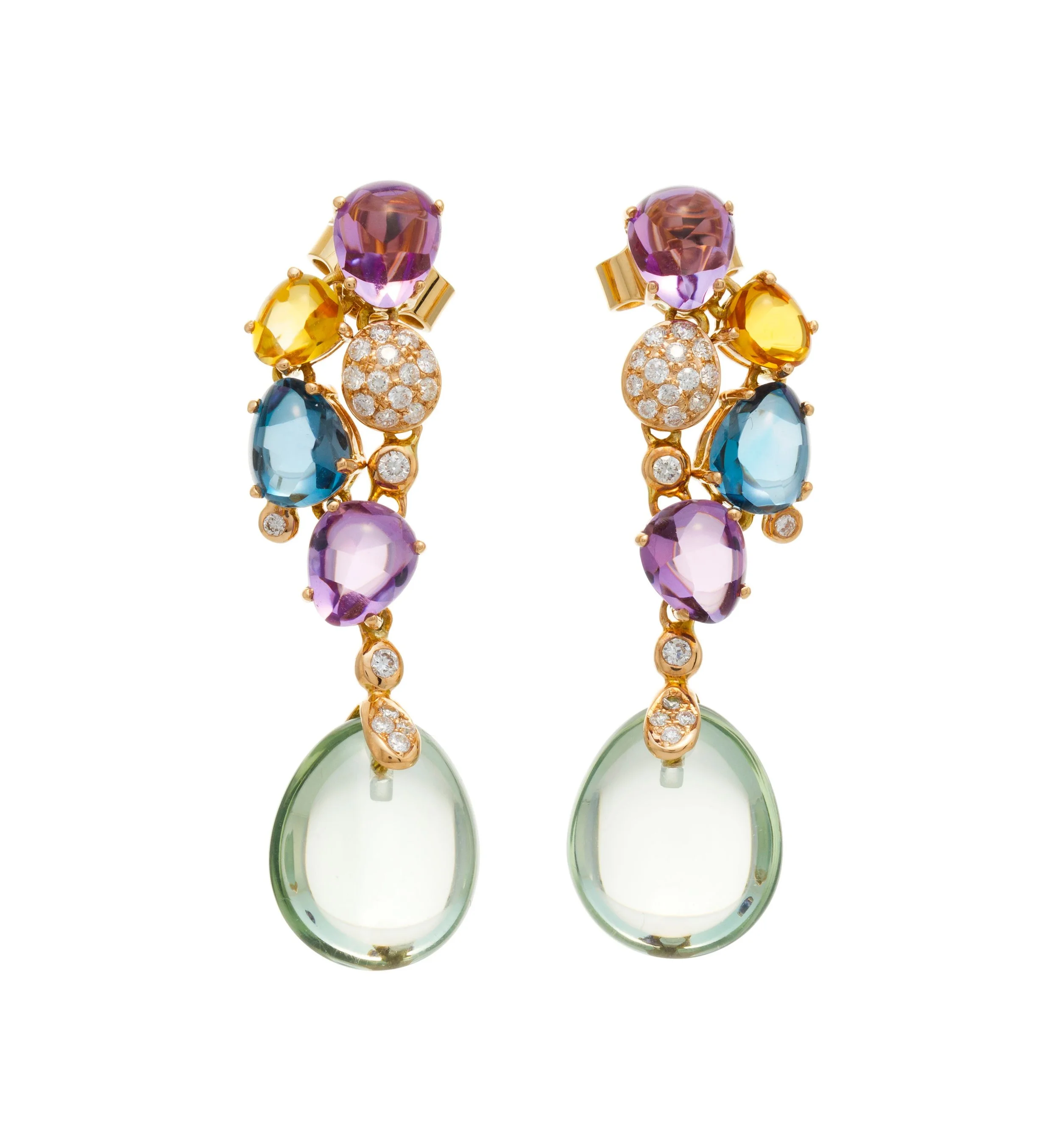Bucherer Diamond & Multi Gem Gold Long Drop Earrings