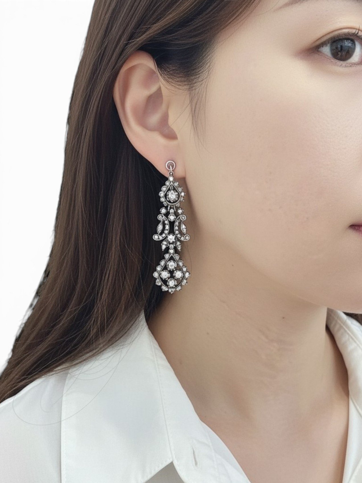 18th century antique Iberian long diamond earrings in silver and gold