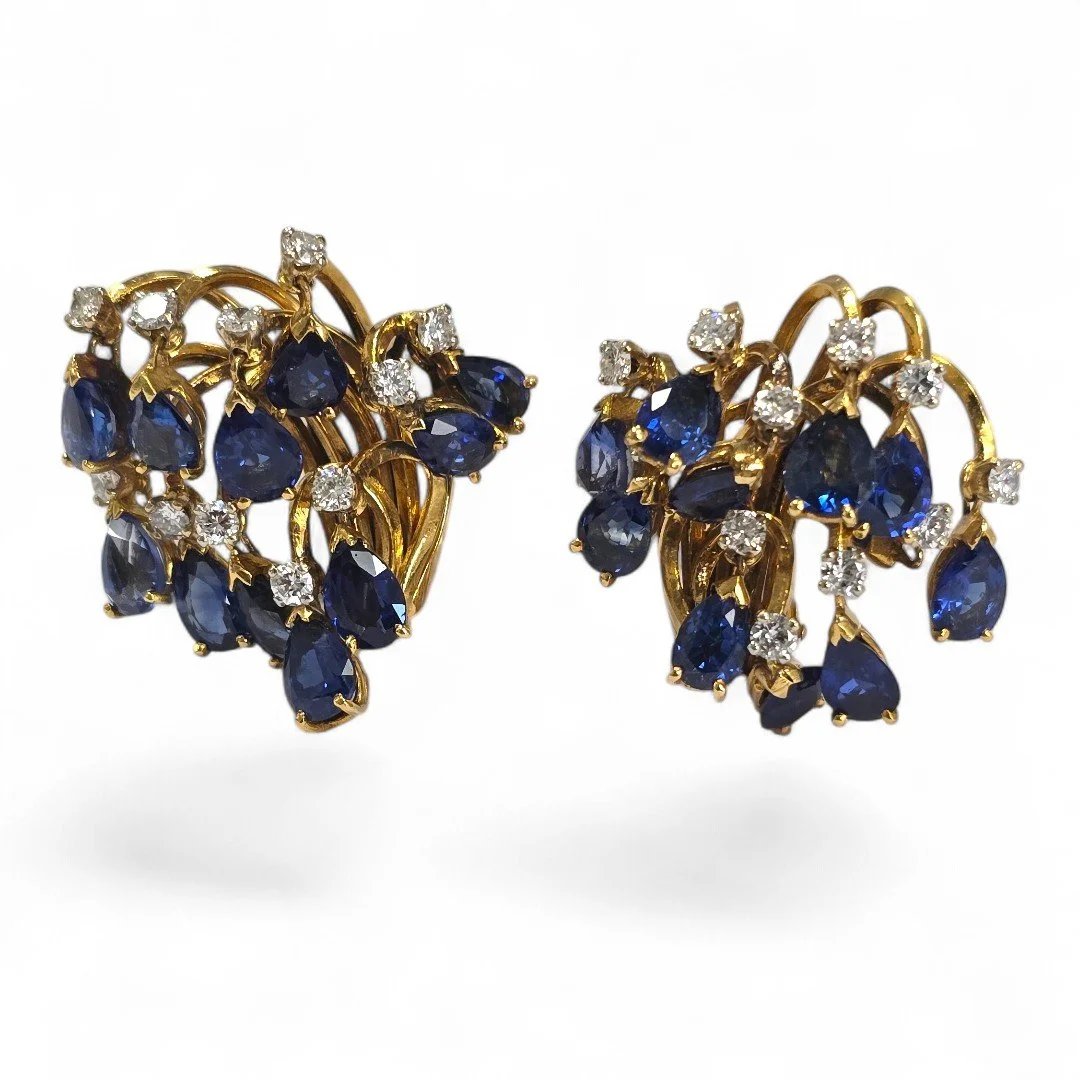 MARCHAK Paris SAPPHIRE, DIAMOND GOLD EARRINGS Sapphires 12 cts, Diamonds 1 cts