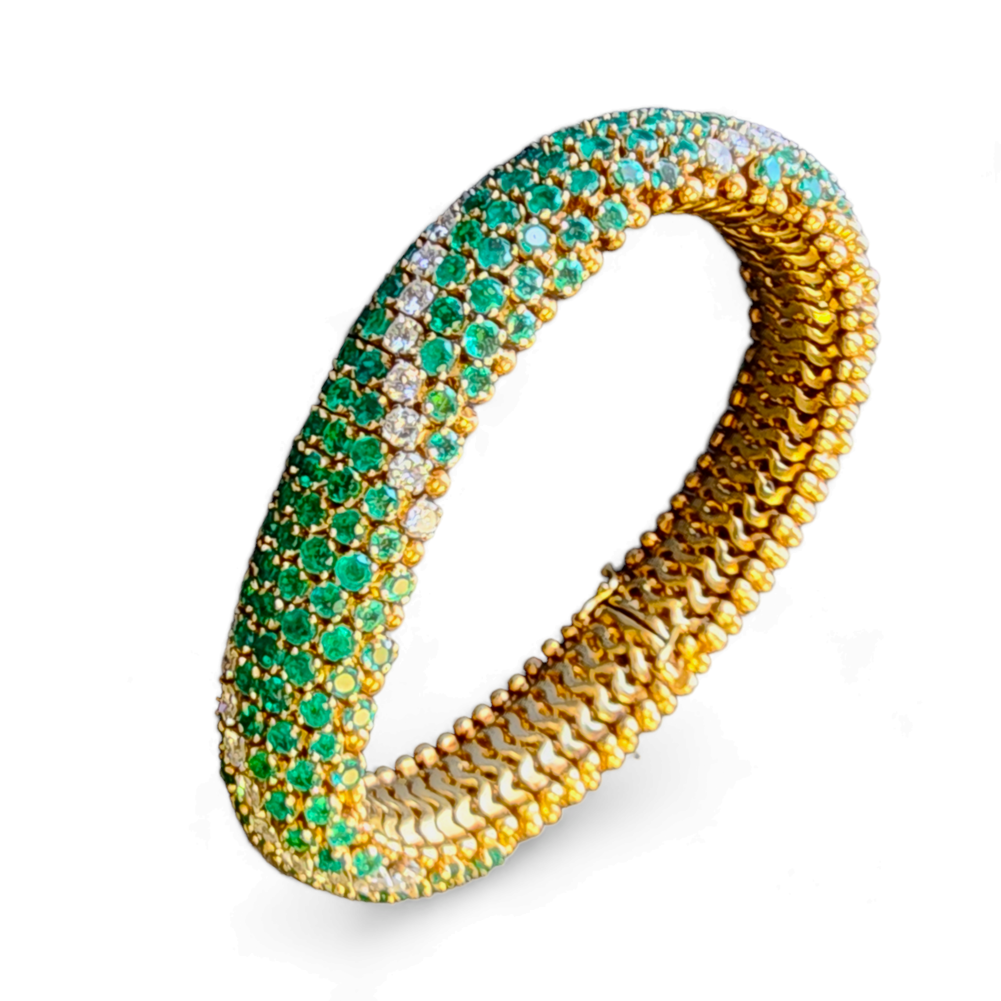 Mid-century emerald, diamond, and gold "cous-cous" bracelet