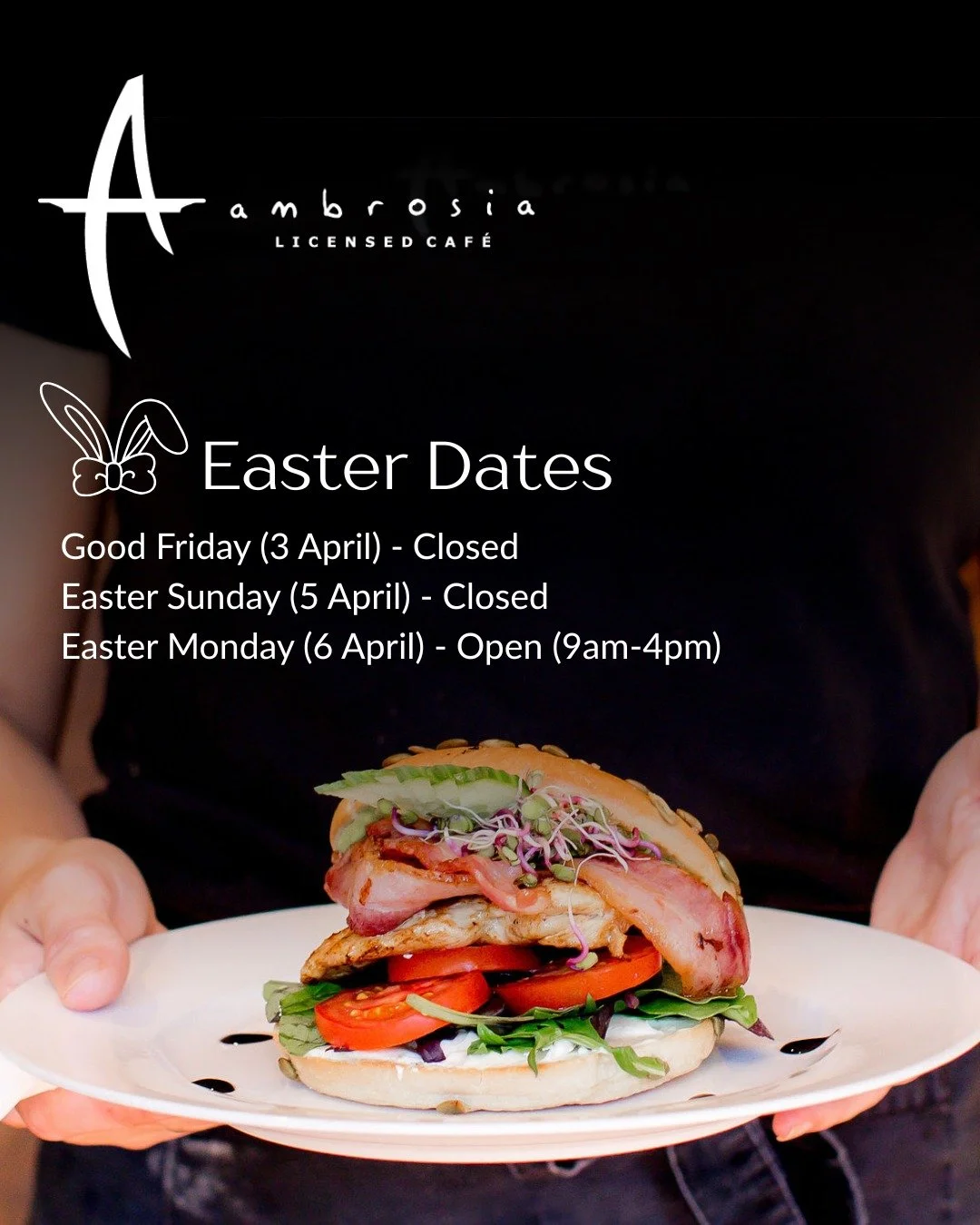 Just a little Easter update from us 🐰

We&rsquo;ll be closed on Good Friday and Easter Sunday, and open on Easter Monday from 9am to 4pm.

If you&rsquo;re planning a catch-up over the long weekend, keep Monday free and come see us.

We&rsquo;d love 