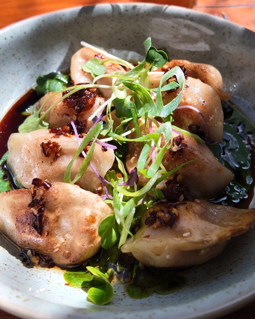 Sunshine on the deck, snack menu in hand ☀️

These pork and cabbage dumplings are the kind of bite you order &ldquo;just to share&rdquo; and then change your mind. Pan-seared, juicy, and sitting in that rich sauce with fresh greens on top.

Perfect w