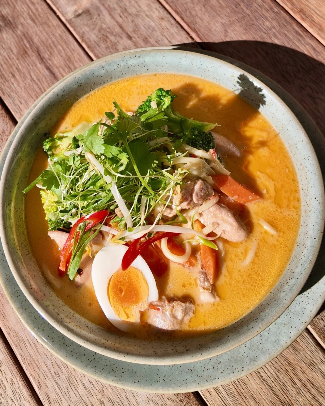 Fresh chicken laksa, made by Josh.

Loaded with tender chicken, noodles, crisp veg, fresh herbs, and a rich, warming broth, this is the kind of bowl that hits the spot fast. Full of flavour, freshly made, and hard to go past when you want something p