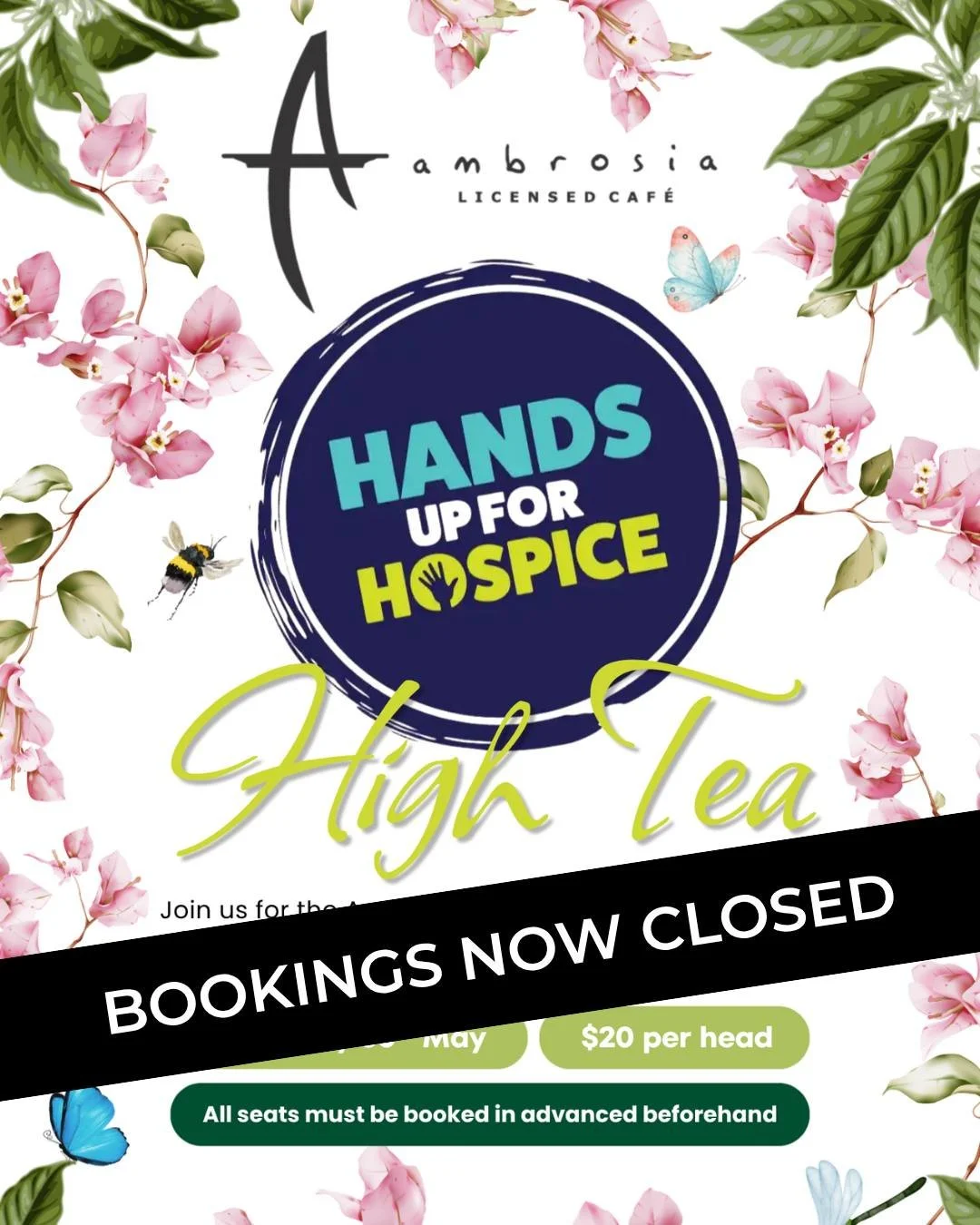 Bookings for our High Tea have now officially closed! 💛

A massive thank you to everyone who booked a table and got behind this amazing cause for Hands Up For Hospice. We can&rsquo;t wait to see you all on Saturday the 30th of May for a beautiful ti