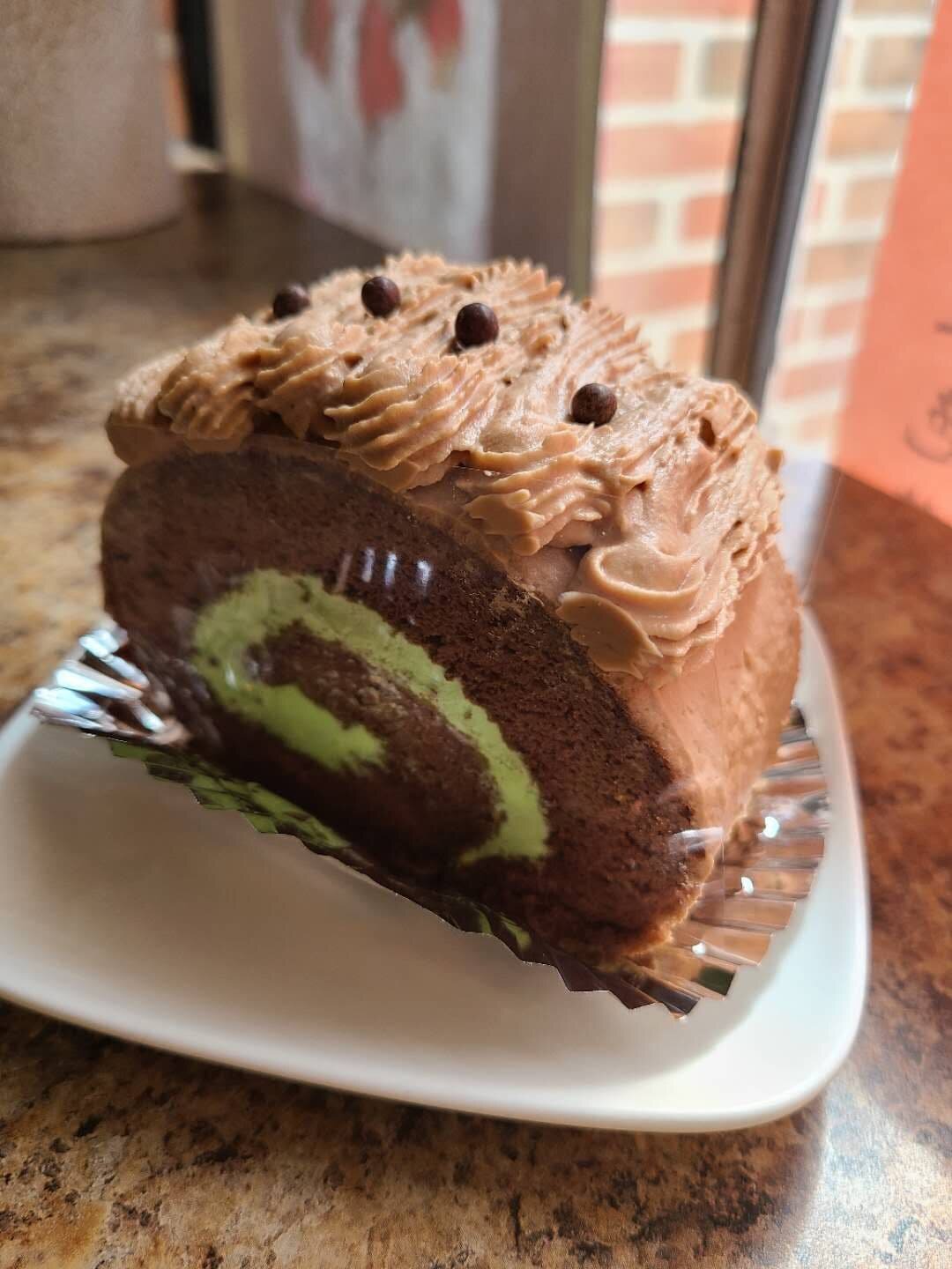 Green Tea Chocolate Rolled Cake Slice