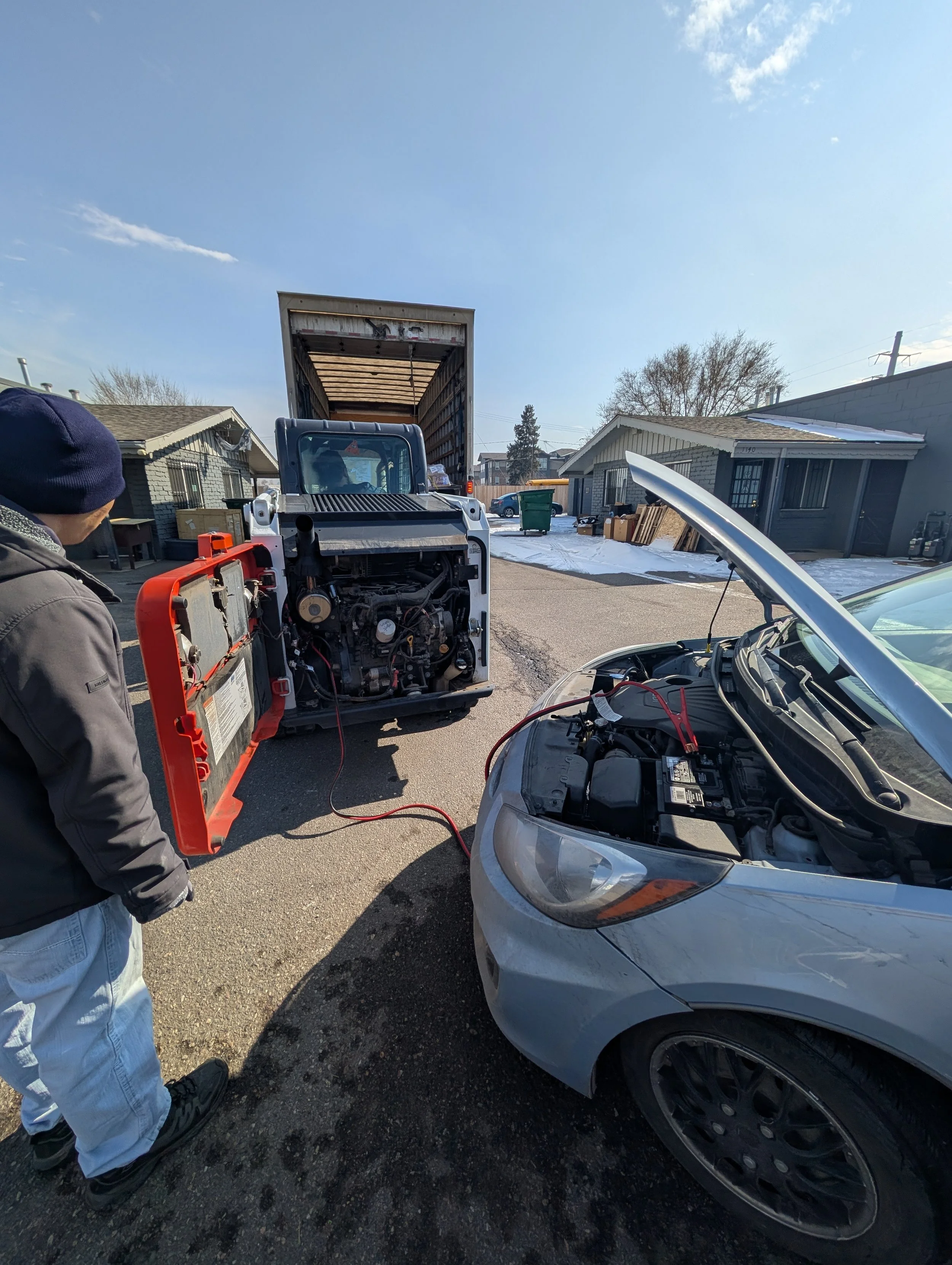 Never a dull moment. Freight company delivered on a truck with no lift gate so we borrowed the neighbor’s skid steer. Battery died due to the cold and locked the guy inside so had to jump start it.