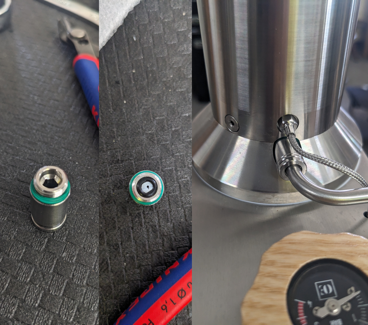  Diagram showing the first rough prototype of a fill inlet orifice restrictor. Orifice sits in the back of the push to connect fitting in the Grouphead. 