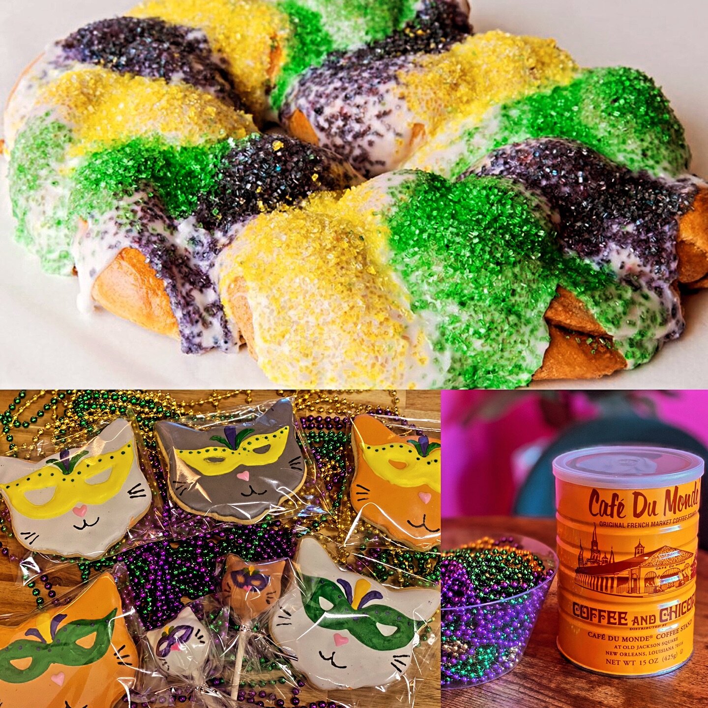 Come celebrate Fat Cat Tuesday with us Tues Feb 13th from 10am-7pm.

FREE slice of King Cake with lounge hour purchase, available all day.

Serving Cafe Au Lait roasted by Cafe Du Monde, for purchase

Mardis Gras themed cookies &amp; cake pops availa