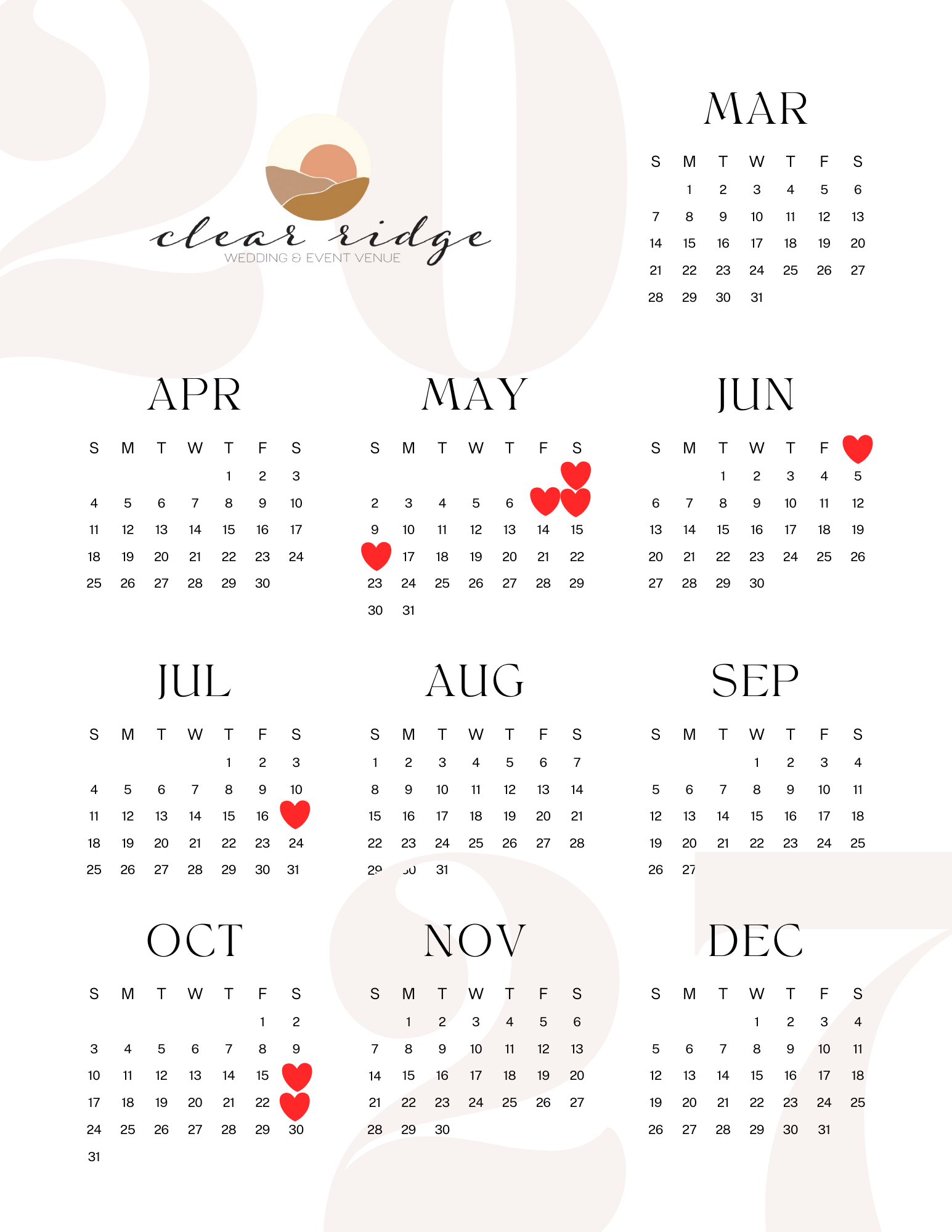 2023 calendar with months from March to December, featuring a wedding venue logo at the top left and red hearts marking special dates: May 14-15, June 5, July 16, and November 15.