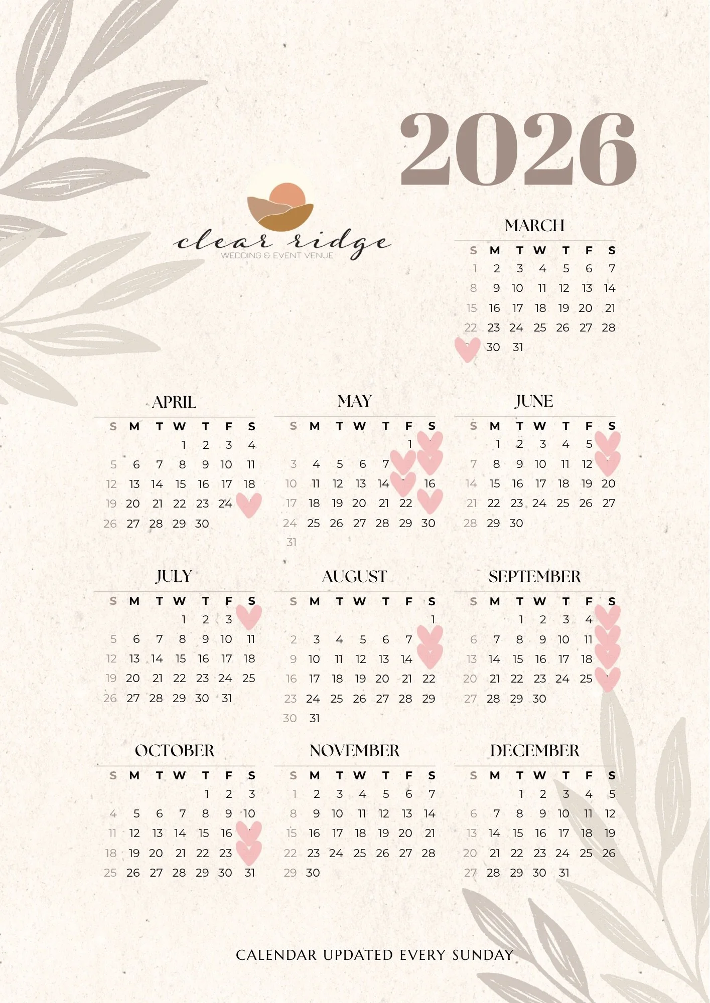 2026 Wedding Venue Calendar