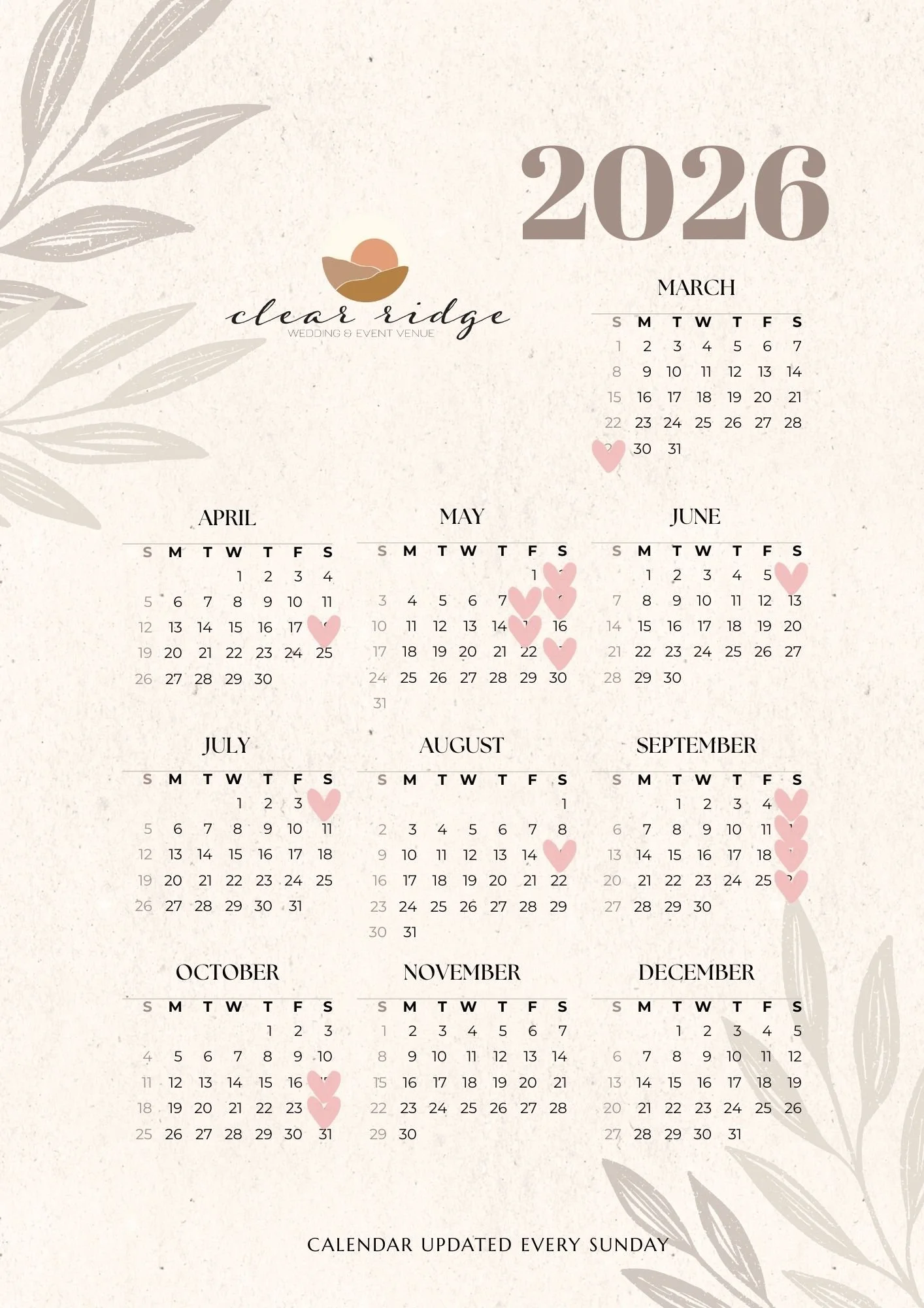 2026 calendar for March to December with beige background, gray leaves, pink hearts marking events, and a logo for Clear Ridge wedding and event venue.