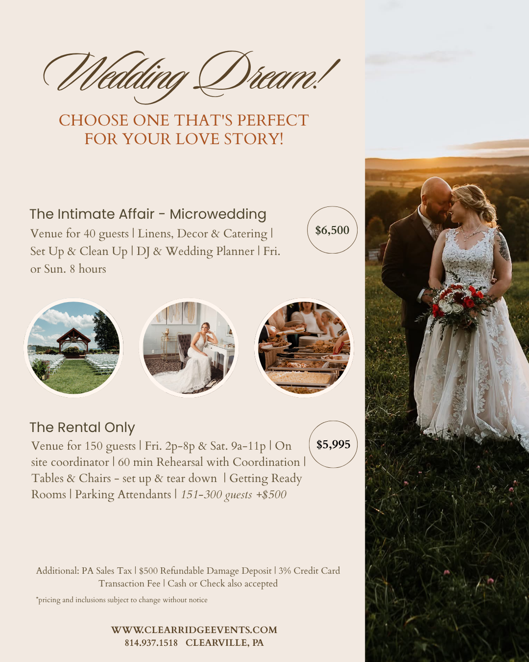Invitation for wedding packages with images of an outdoor wedding venue, a bride sitting indoors, and catering services, featuring a couple embracing outdoors at sunset on the right.