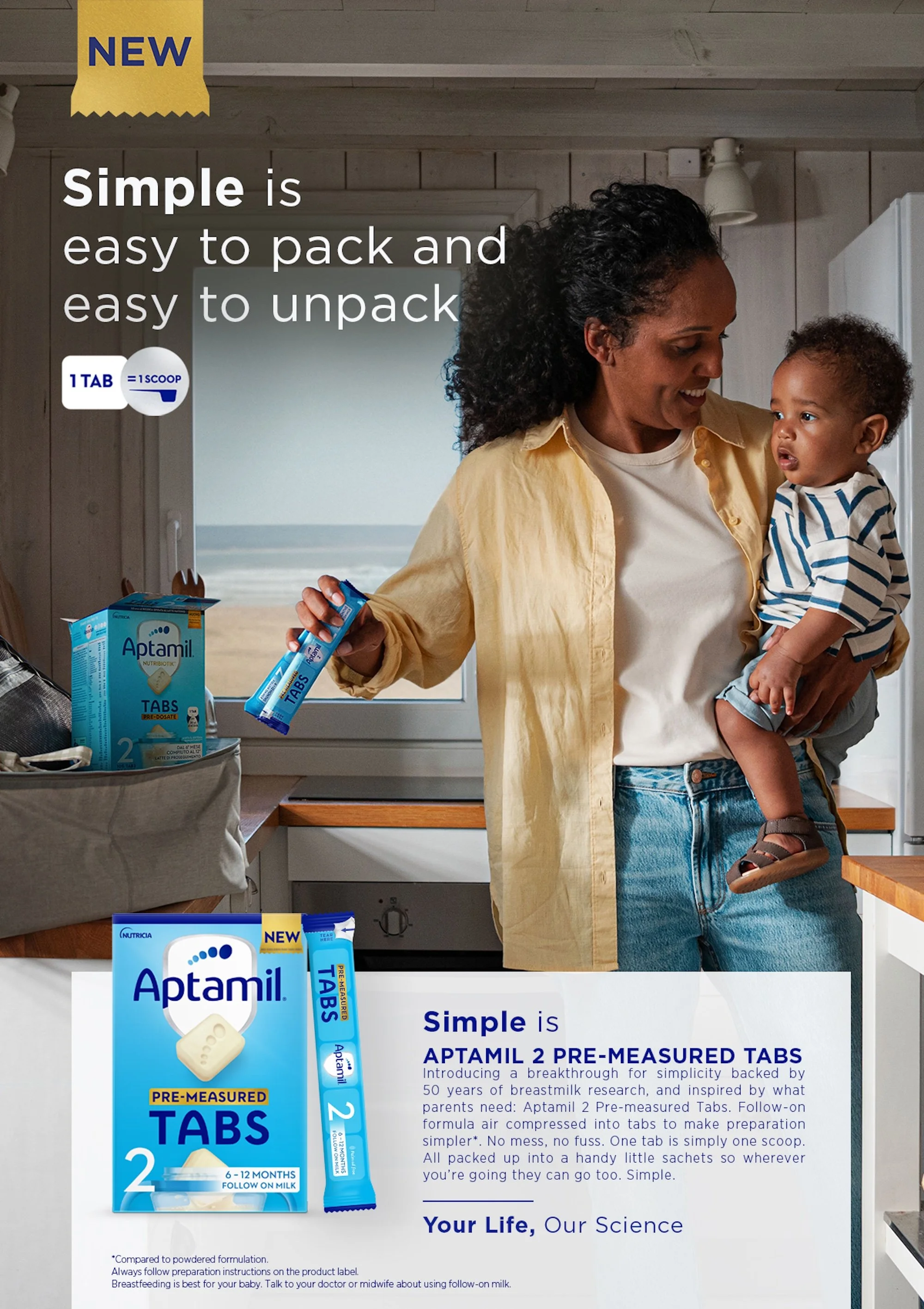 Promotional poster for Aptamil 2 pre-measured baby milk tablets. The poster features a woman holding a young child in a kitchen setting, with a box of Aptamil tablets on a counter. The text highlights the product's simplicity and convenience, emphasi