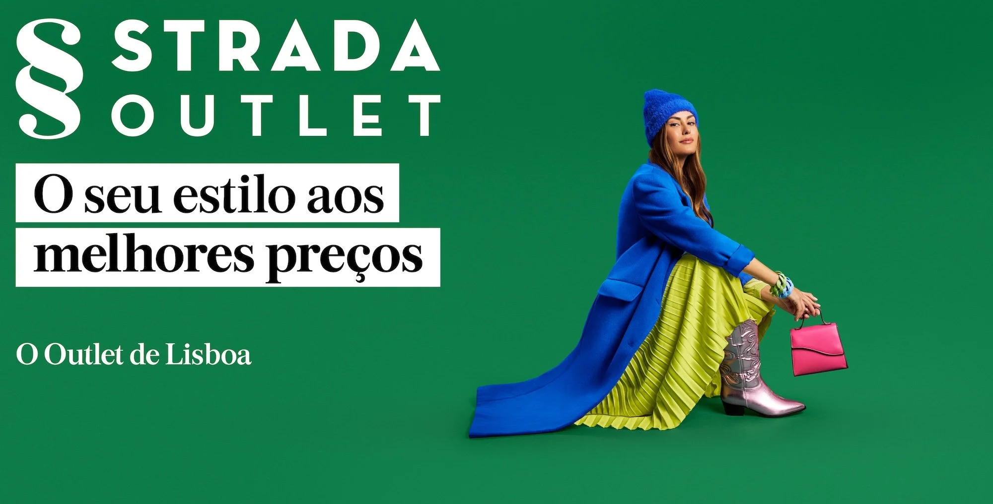 Advertisement for Lisbon outlet featuring a fashionable woman dressed in vibrant colors and accessories.