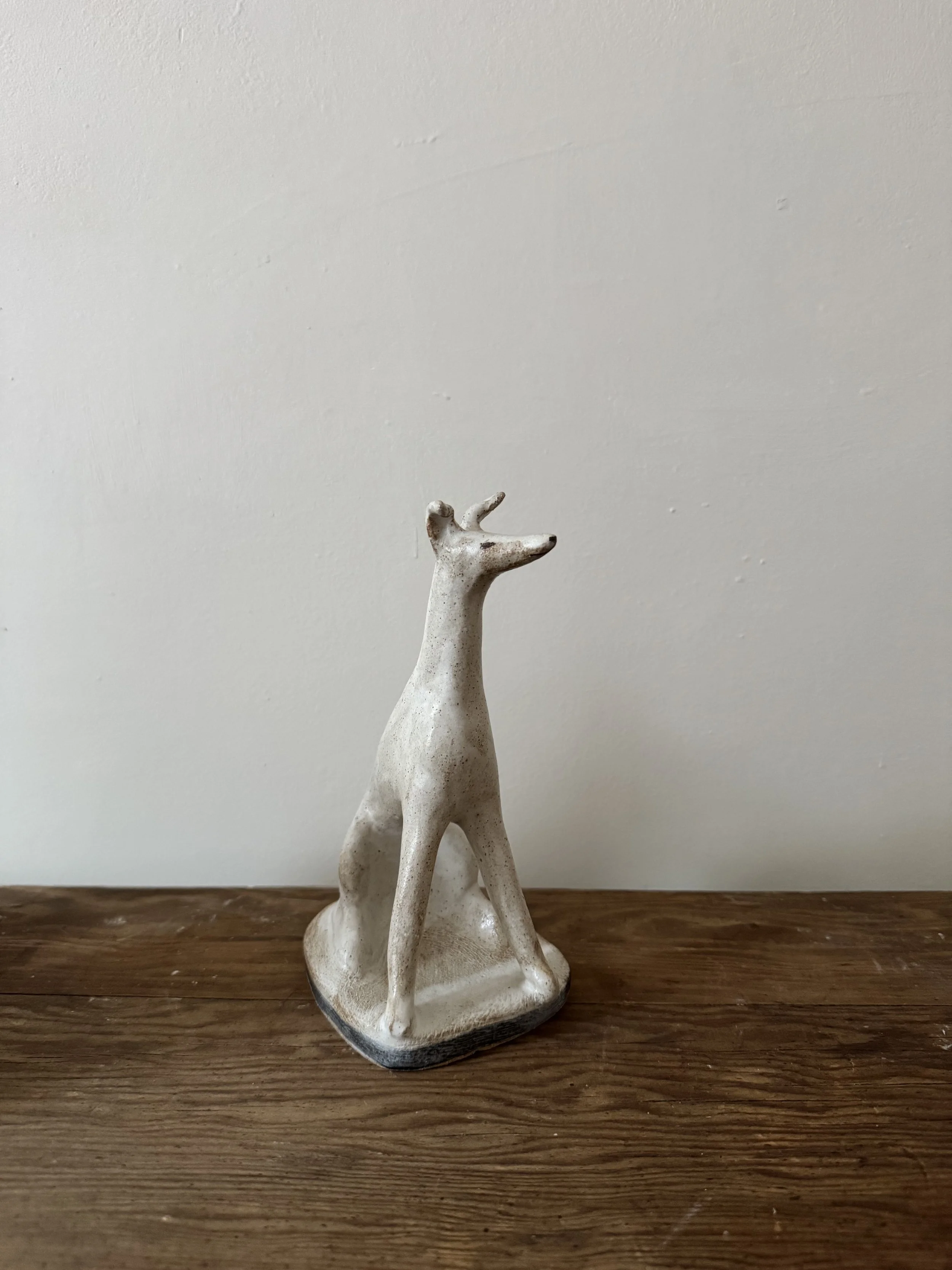 Seated Stoneware Hound - Blue Stripe Base