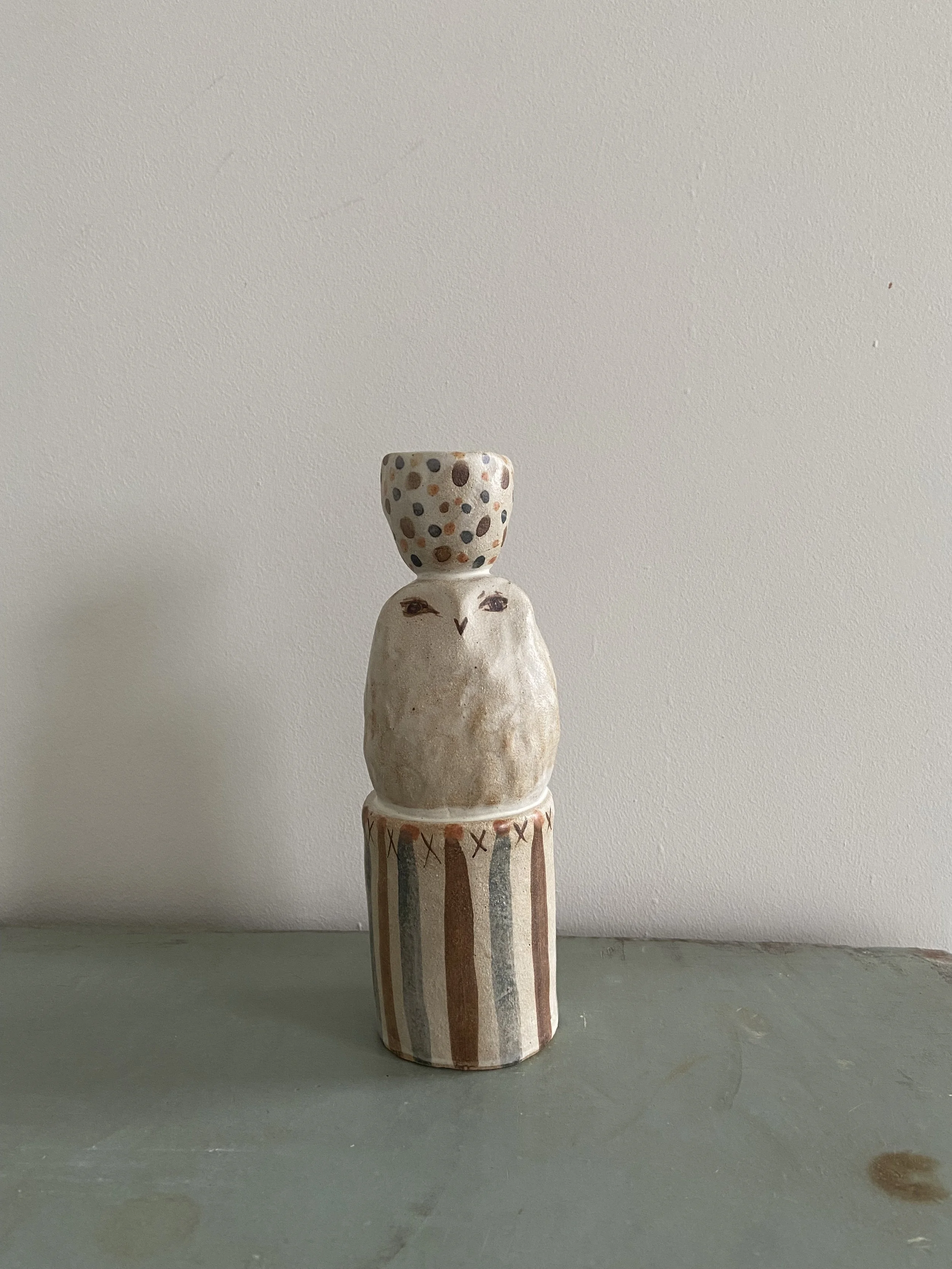 Tall Owl Candleholder Striped Base