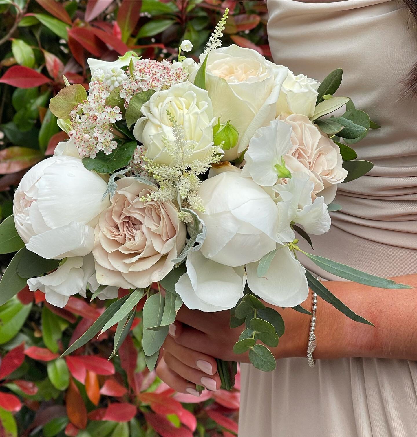 Beautiful Bridesmaids Bouquets created for Rachel &amp; Adam&rsquo;s wedding last weekend, gorgeous Peonies, heavenly Roses, glorious Sweet Peas, Lily of the Valley Astilbe and blossom were gathered together to create the perfect bouquet, toning with
