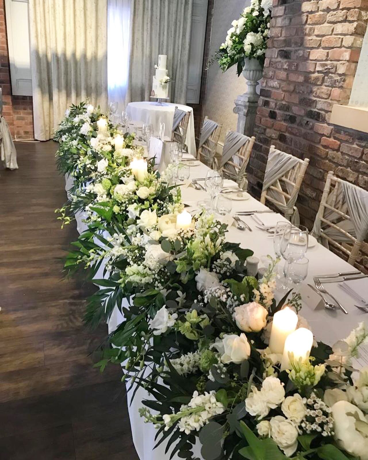 Beautiful Top Table Design for Eleanor &amp; Alex&rsquo;s wedding reception, fresh fragrant Roses, Peonies, Agapanthus, Campanulas , Stocks, Larkspur, Hydrangeas and so much more dressed the front of the table perfectly over at @bartlehallhotel #topt