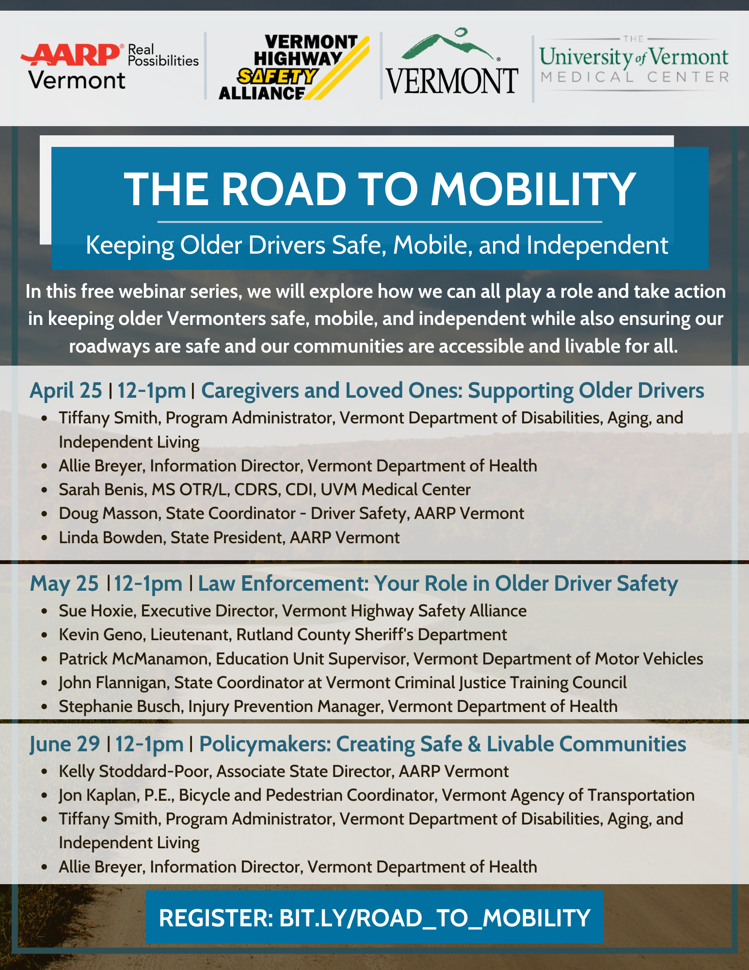 The Road to Mobility: Keeping Older Drivers Safe, Mobile, and Independent Webinar Flyer