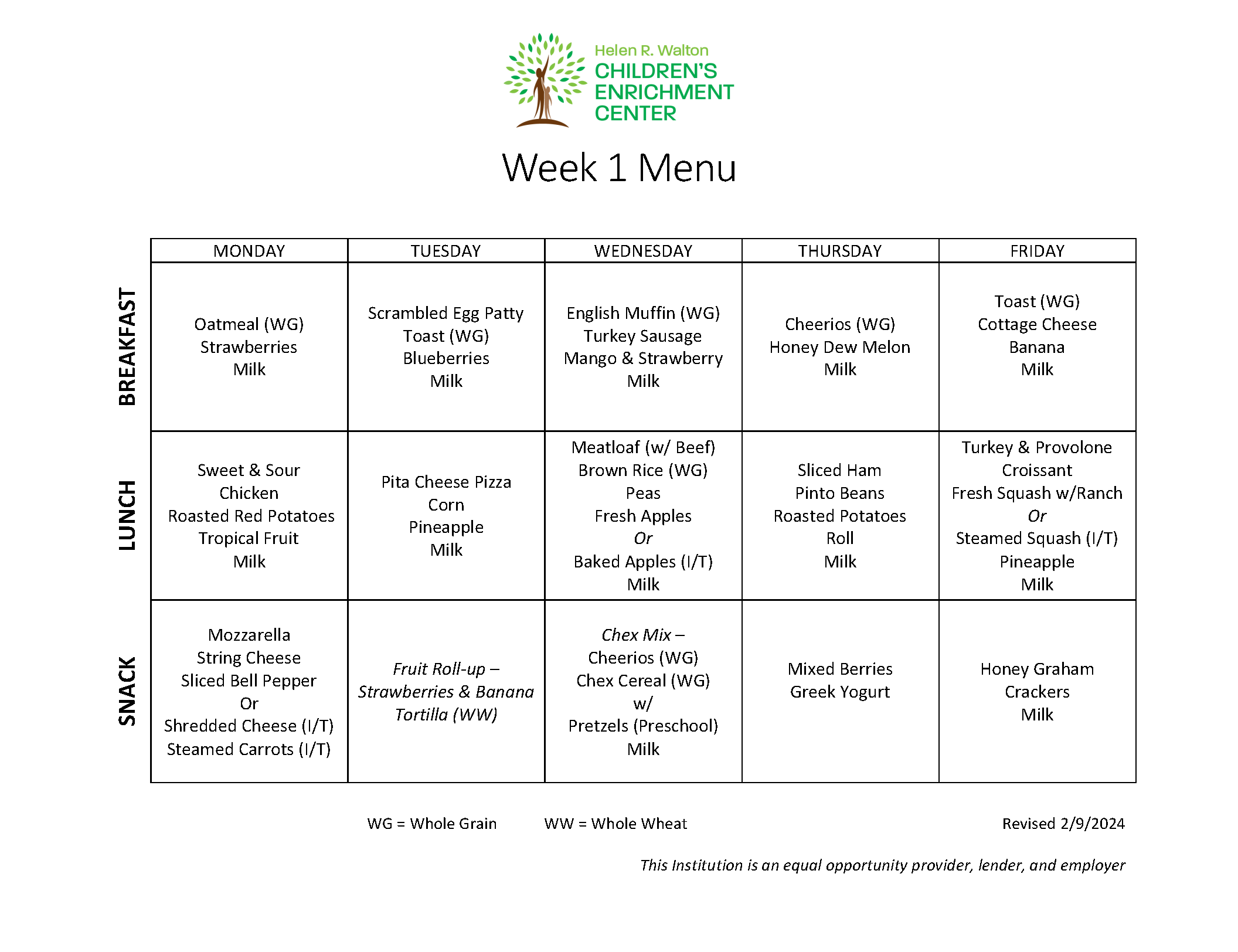 Menu & Schedule — Helen R. Walton Children's Enrichment Center