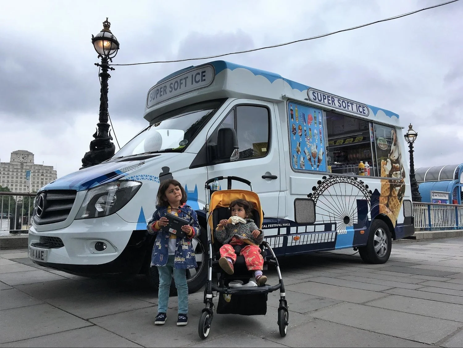 Volunteers measuring air pollution at an ice cream van on the South Bank, London.